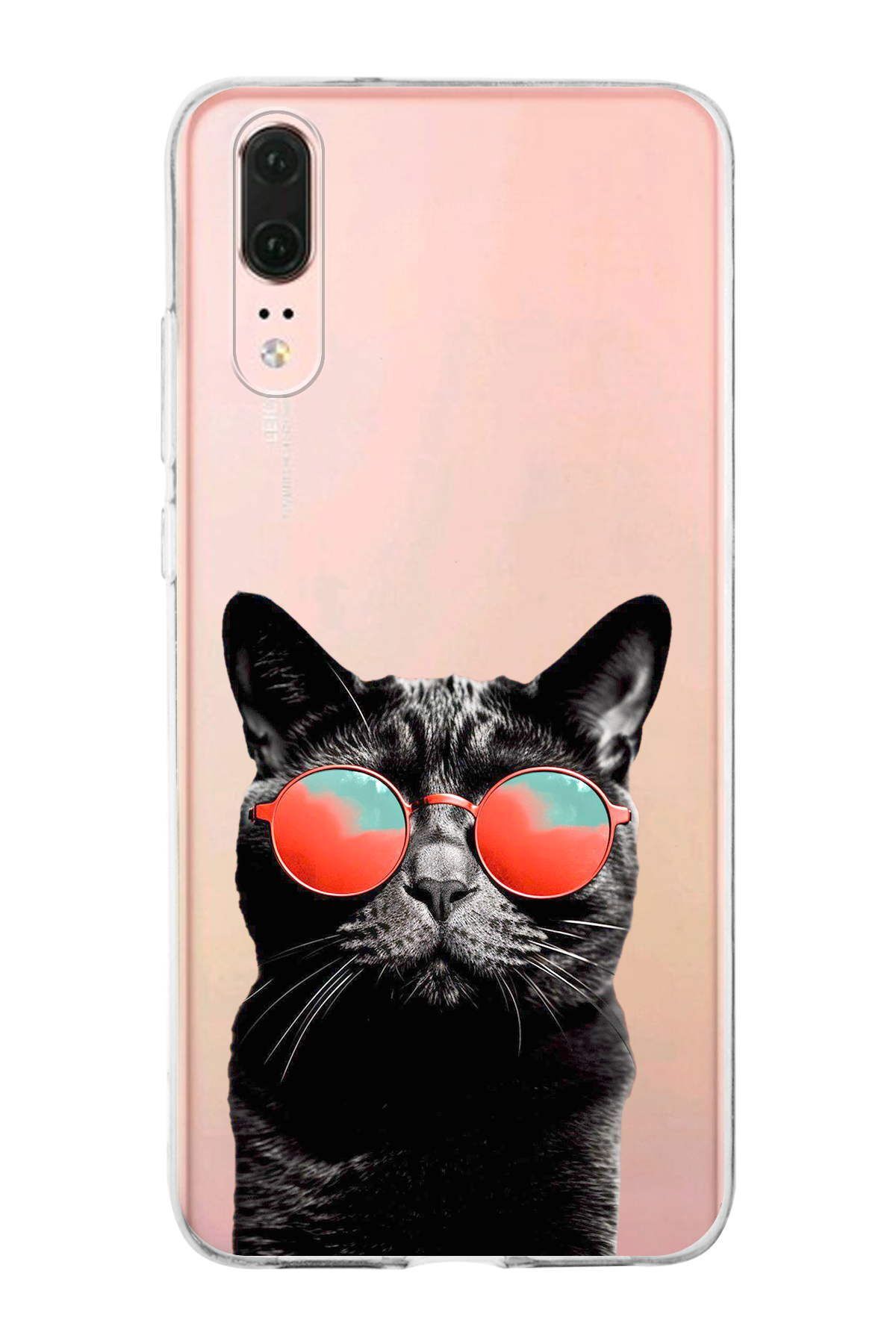 Huawei P20 ile Uyumlu 1mm Slim Fit Kedi 3 050d Baskılı Şeffaf Kılıf