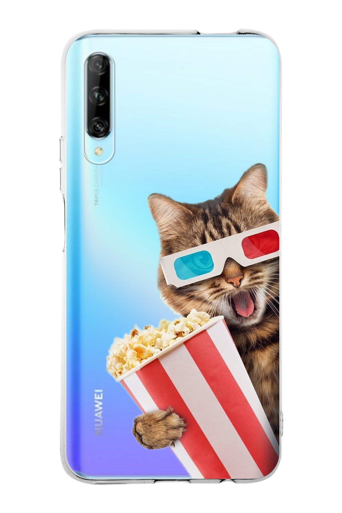 Huawei P Smart Pro ile Uyumlu 1mm Slim Fit Kedi 1 050b Baskılı Şeffaf Kılıf