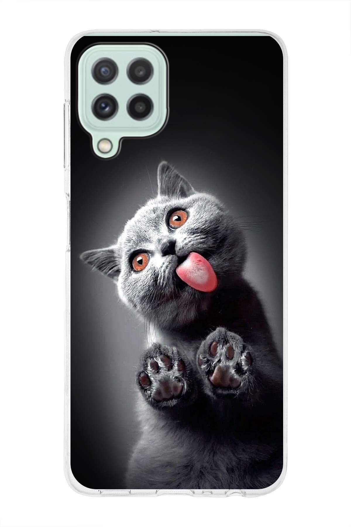 Samsung Galaxy M22 ile Uyumlu 1mm Slim Fit Kedi 2 050c Baskılı Şeffaf Kılıf