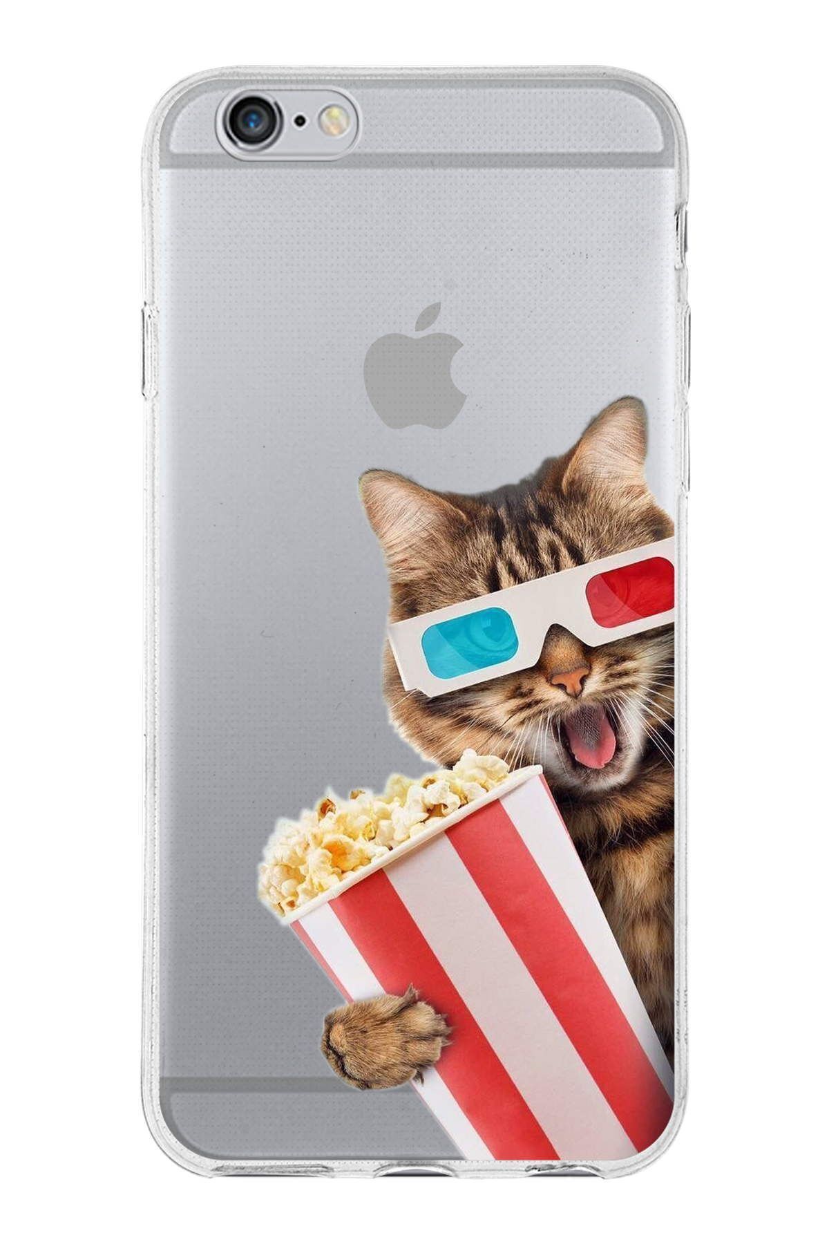 PrintiFy Apple iPhone 6 Plus ile Uyumlu 1mm Slim Fit Kedi 1 050b Baskılı Şeffaf Kılıf