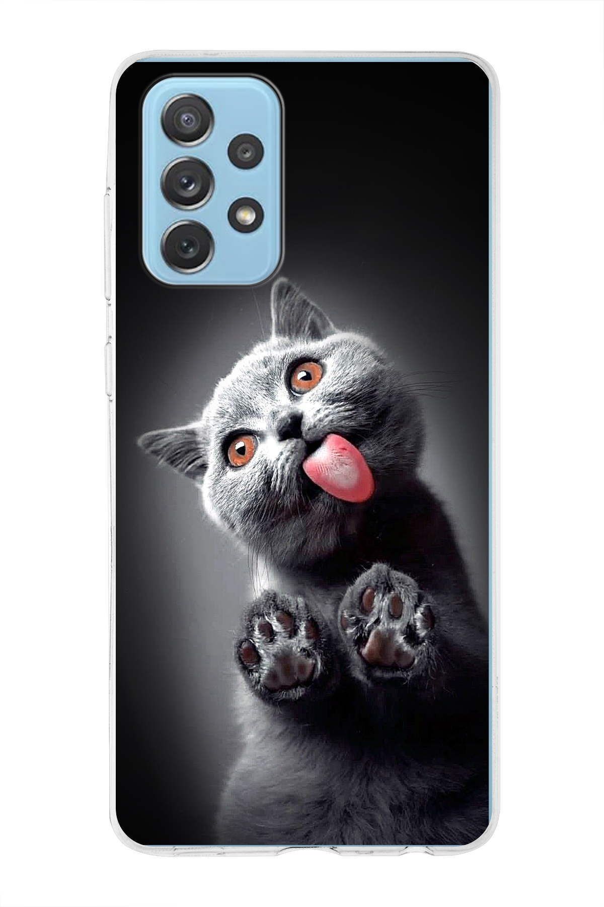 Samsung Galaxy A72 ile Uyumlu 1mm Slim Fit Kedi 2 050c Baskılı Şeffaf Kılıf