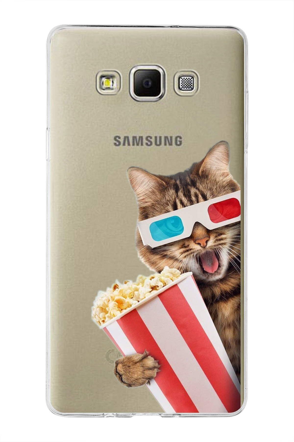 Samsung Galaxy A7 ile Uyumlu 1mm Slim Fit Kedi 1 050b Baskılı Şeffaf Kılıf