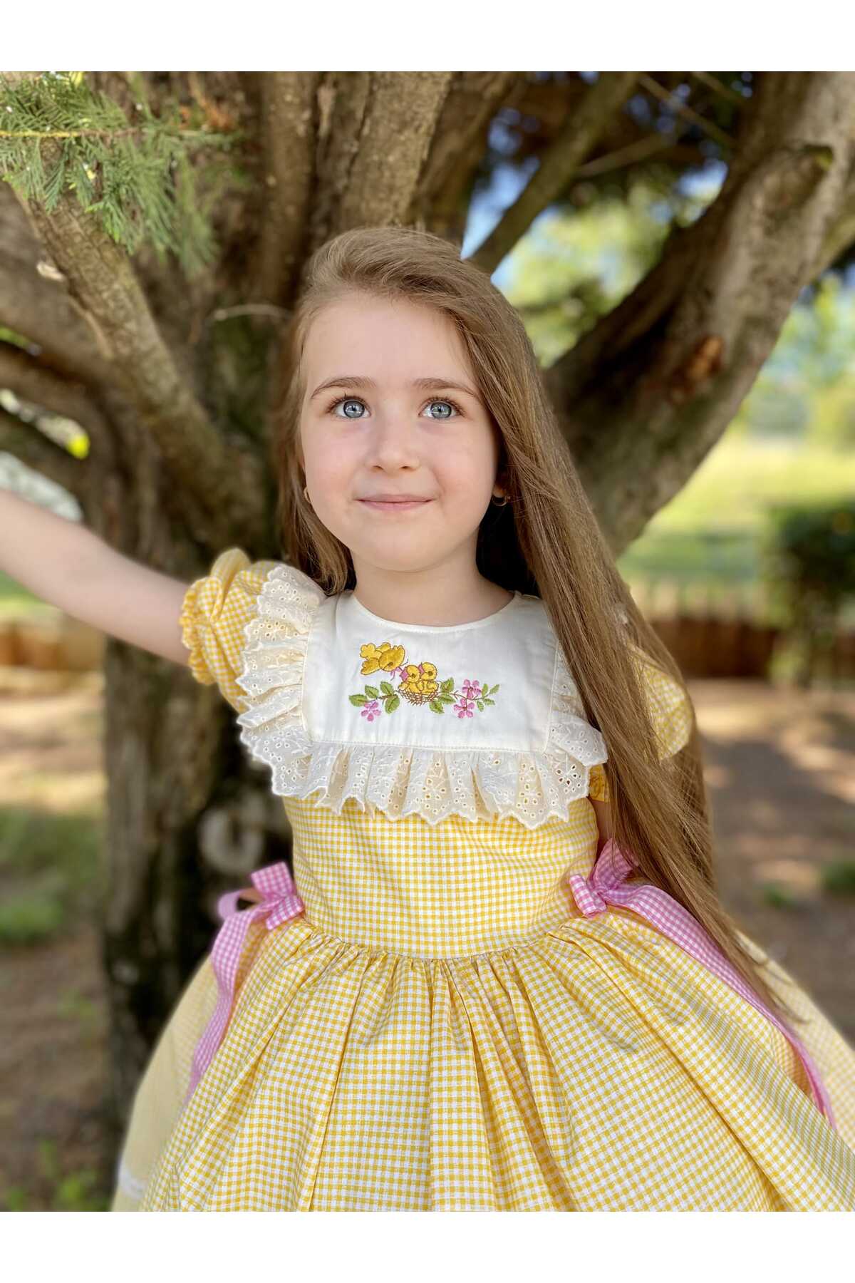 Linarookids Sarı Kareli Vintage Kız Bebek Elbisesi,Doğum günü,fotoğraf çekim elbise,0-12 Yaş Uygun fotoğrafı 4 (önizleme)