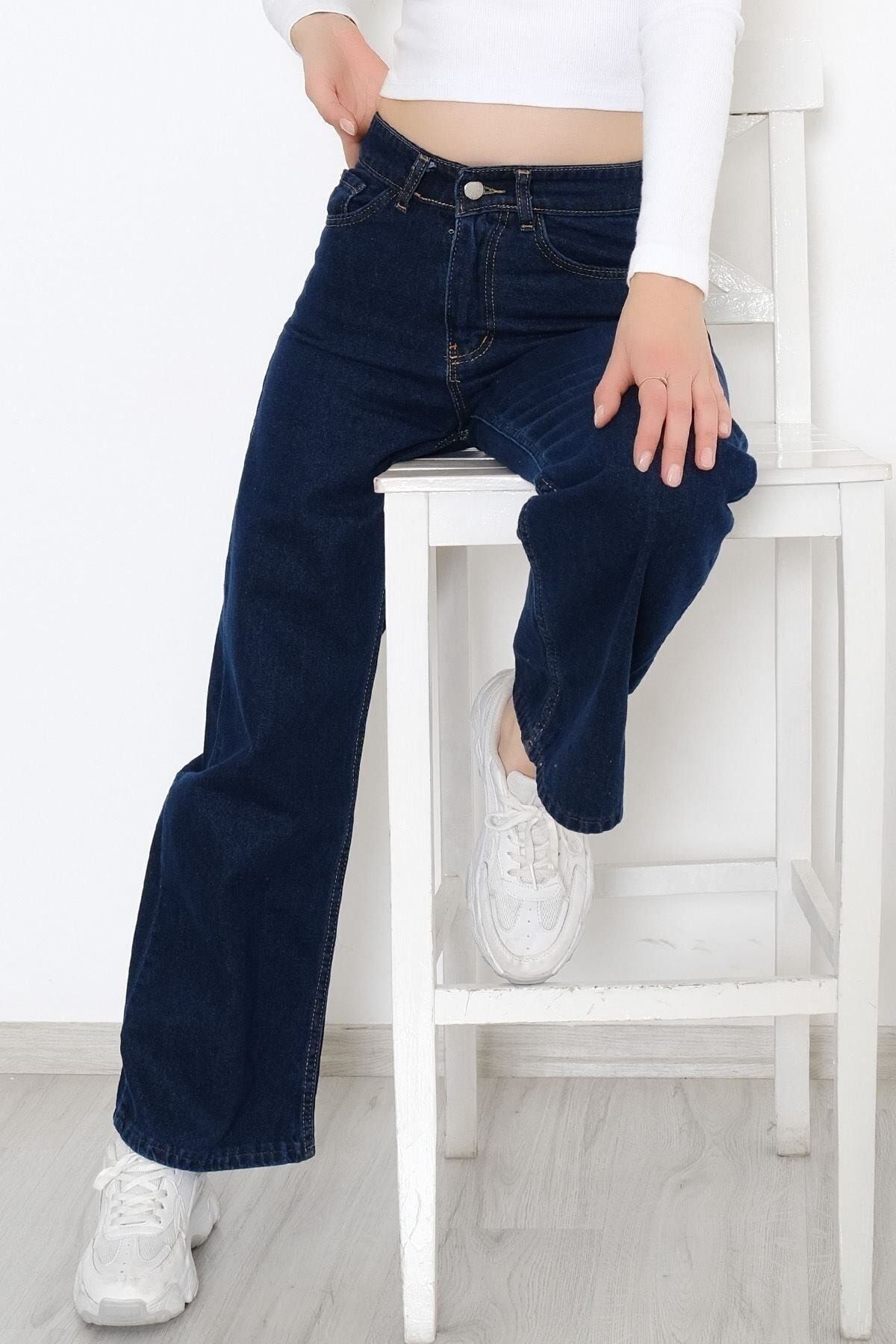 dressmix  Power Likralı Kadın Lacivert Yüksek Bel Salaş Paça Denim Kot Pantolon (Tam kalıptır) - Görsel 3