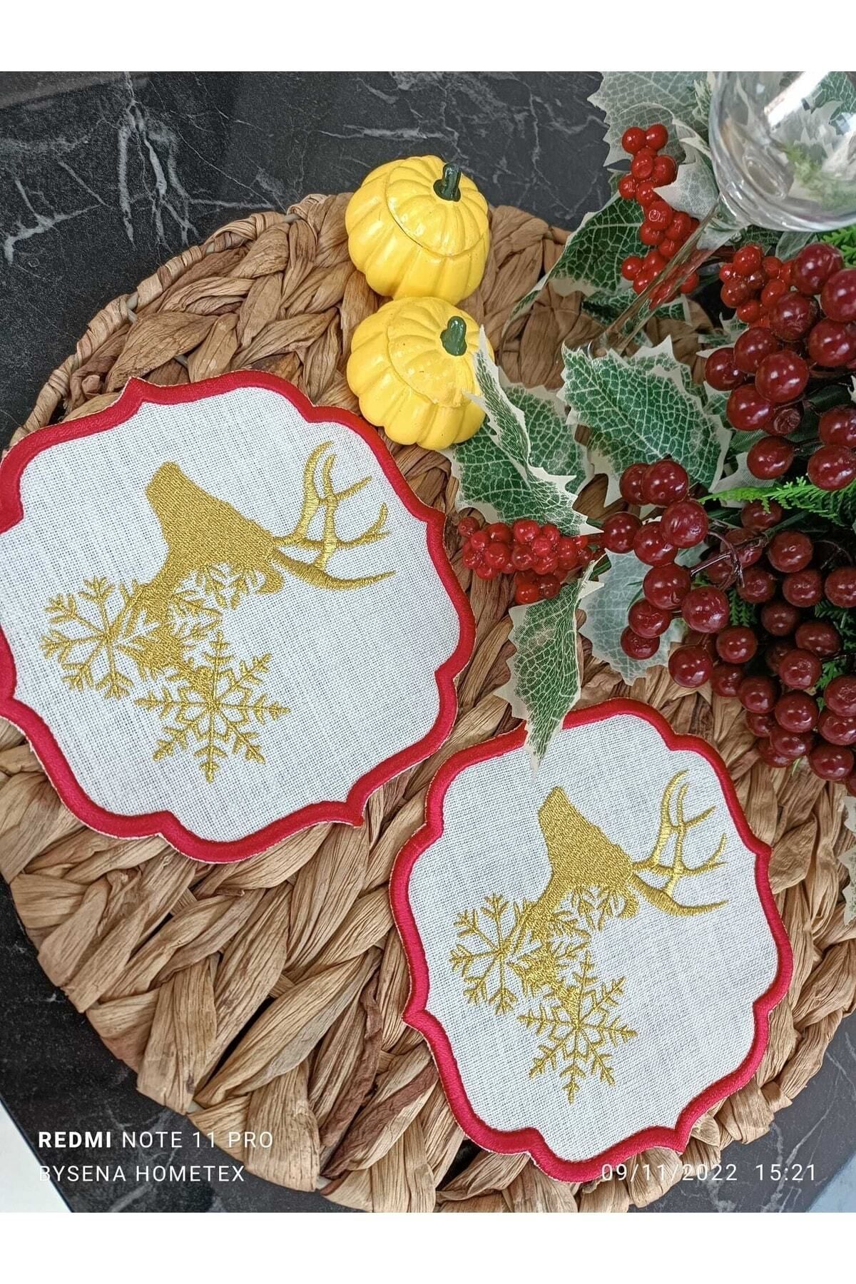 Deer Kokteyl Ve Kahve Yanı Sunum Peçetesi Yılbaşı Temalı Gold Geyik Işlemeli 2 Adet