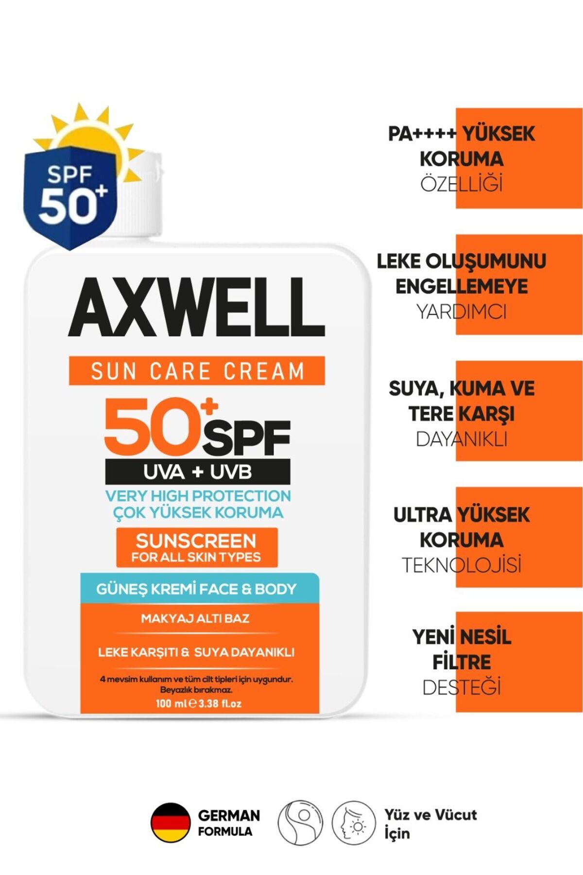 AXWELL Sun Care Cream Leke Karşıtı Güneş Kremi Çok Yüksek Koruma 50+ Spf 100 ml SUN004