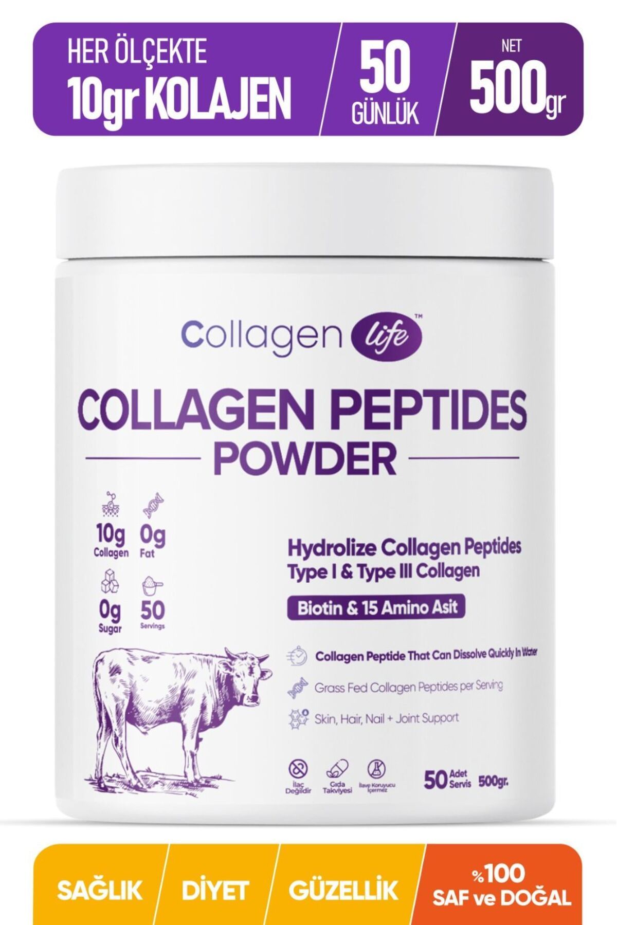 Collagen Life %100 Hidrolize Kolajen Peptitler Biotin Ve 15 Amino Asit İçeren Gıda Takviyesi 50 Günlük KL1