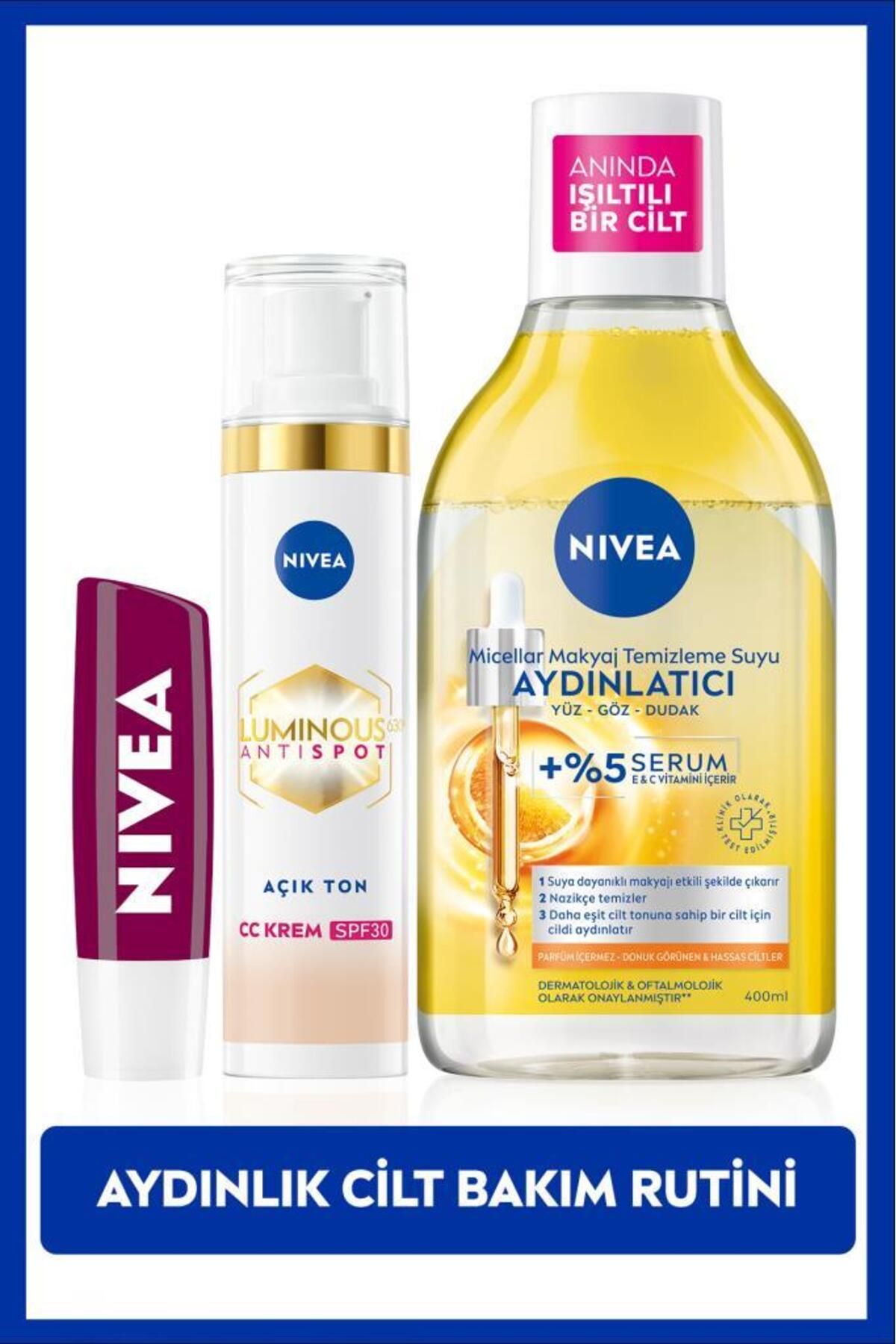 NIVEA Luminous630 CC крем для лица 40 мл, осветляющая мицеллярная вода для снятия макияжа 400 мл, крем для ухода за губами SET.NVE.1053