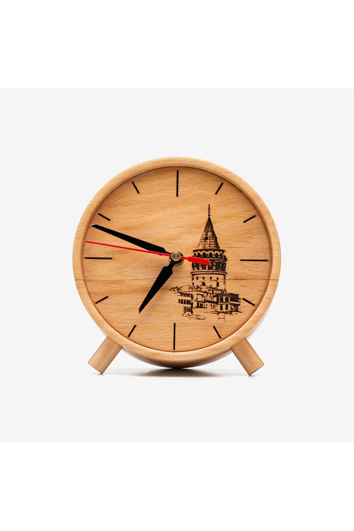 HANDMADE SOLID WOOD ROUND DESKTOP CLOCK GALATA TOWER DETAILED MİNİMALİST DESIGN