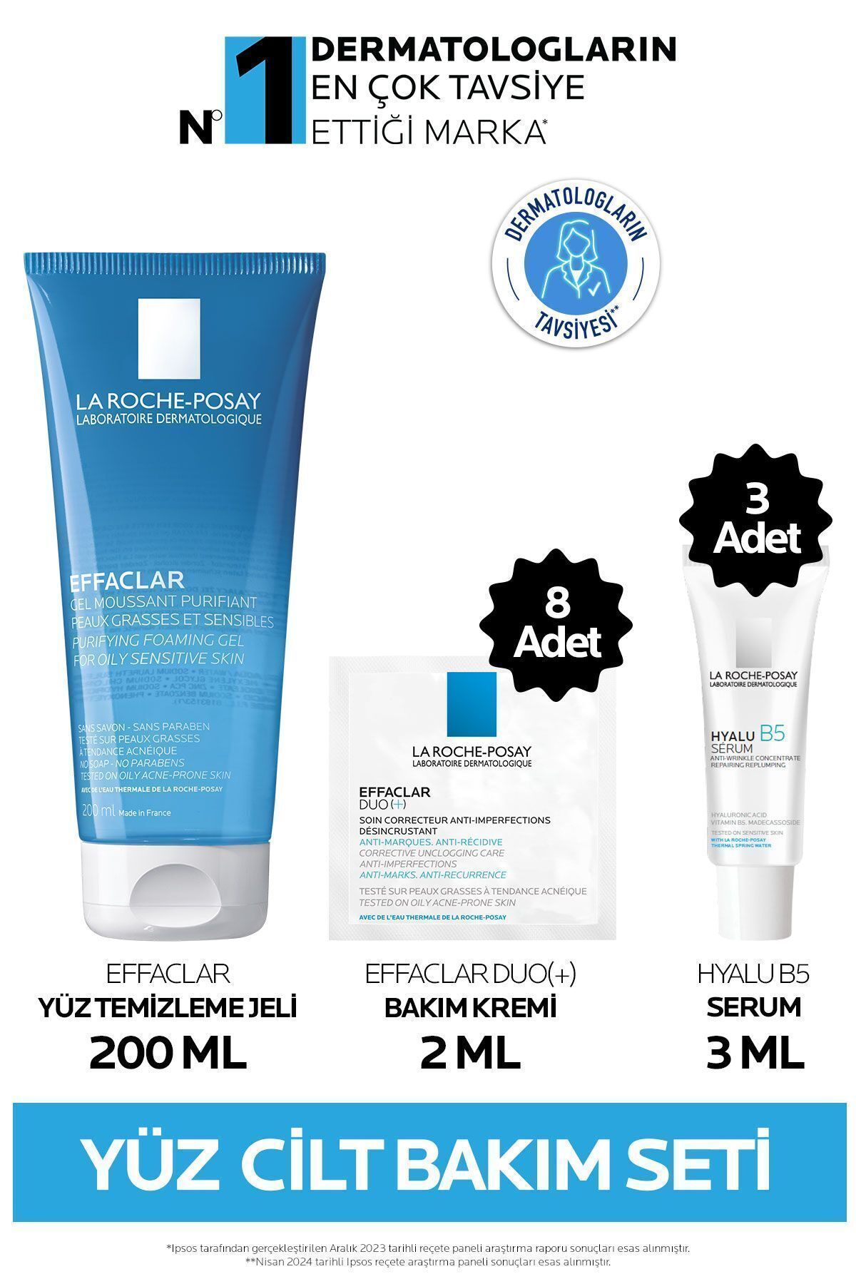 Набор для ухода за кожей La Roche Posay: очищающий гель Effaclar 200 мл, крем Effaclar Duo Care 8x2 мл и сыворотка Hyalu B5 3x3 мл LRP20230008