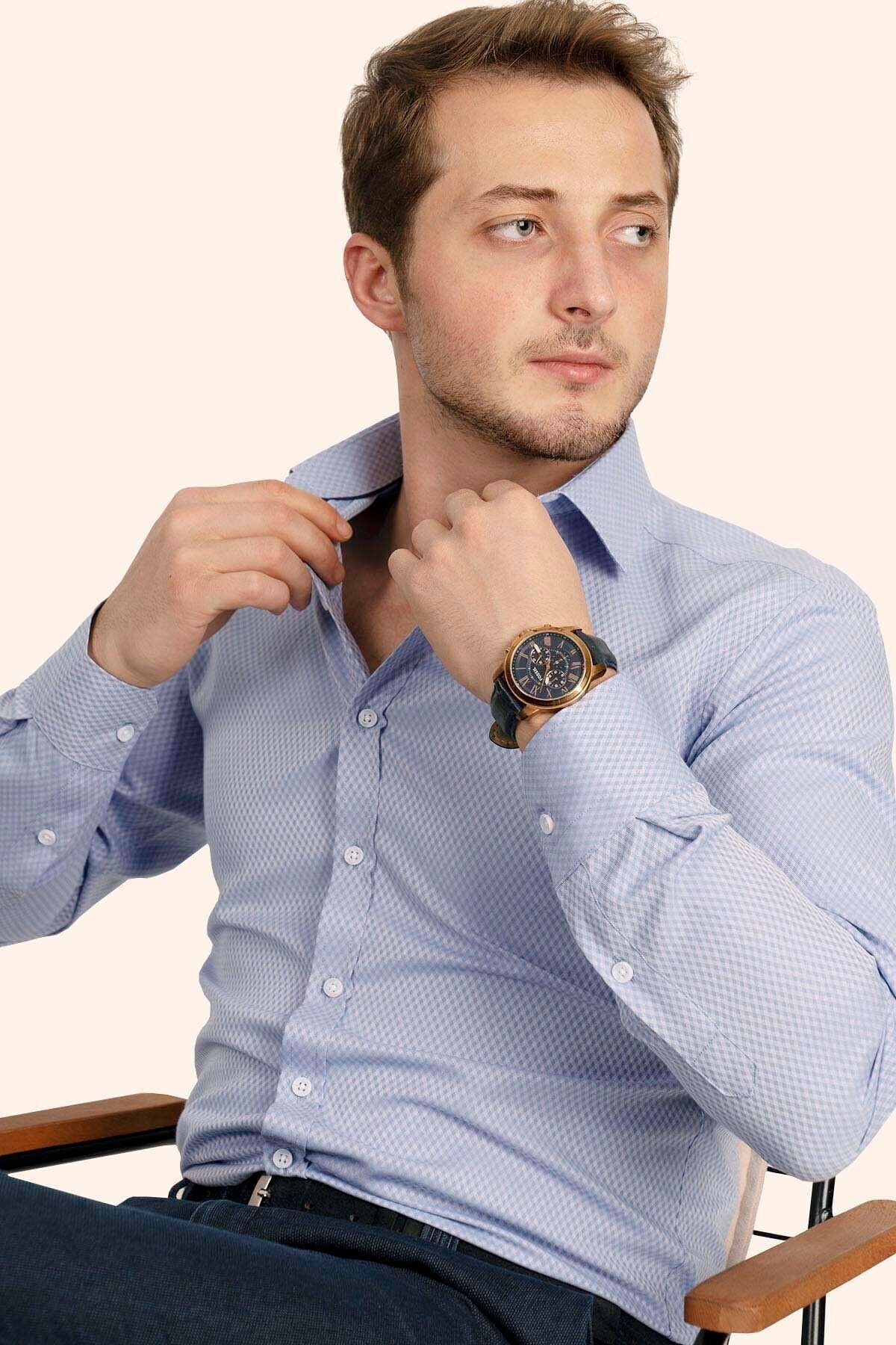 Etikmen-Shirt and Tie Set (burgundy Striped Tie & Blue Checkered Dobby Patterned Slimfit Shirt) 6