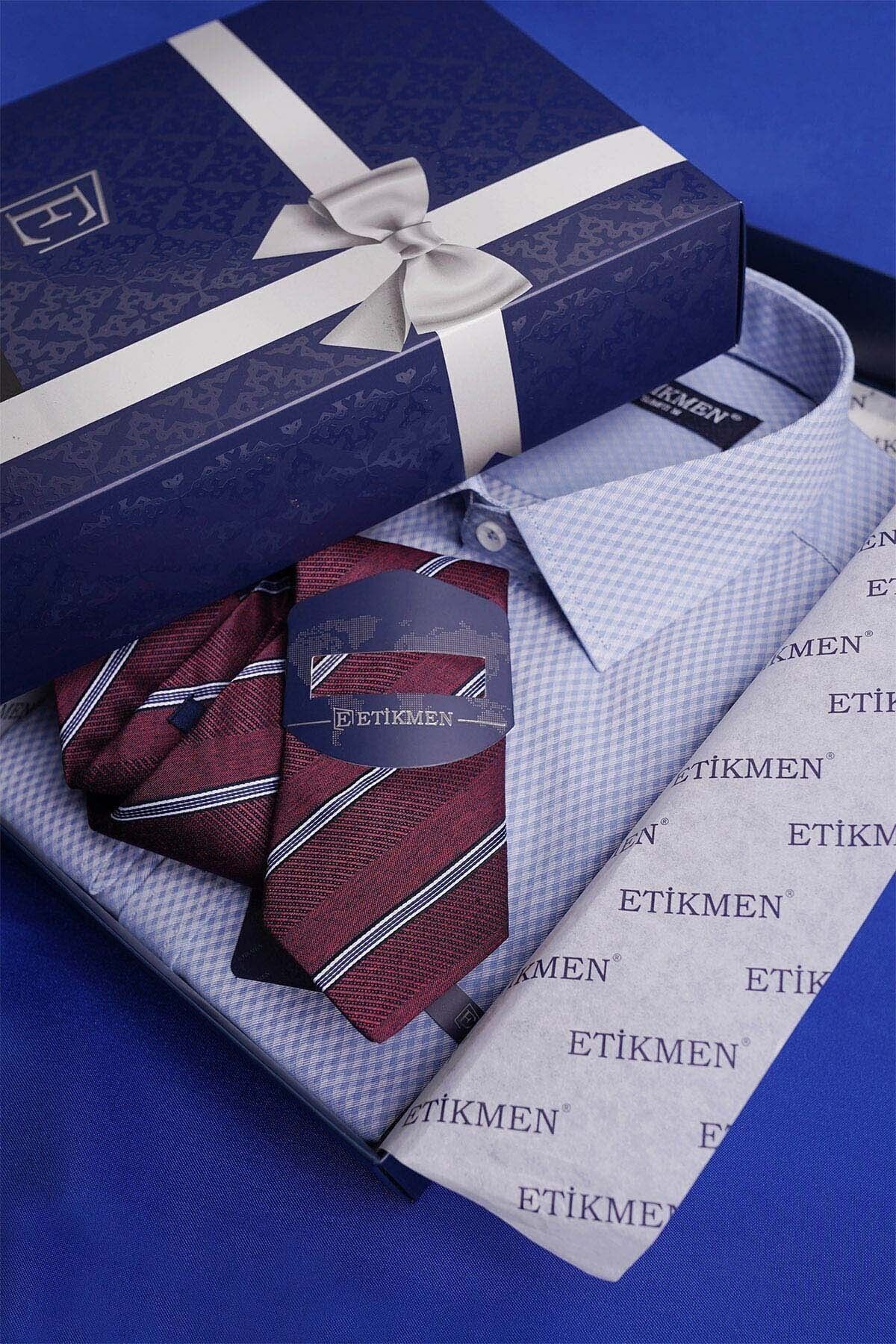 Etikmen-Shirt and Tie Set (burgundy Striped Tie & Blue Checkered Dobby Patterned Slimfit Shirt) 3