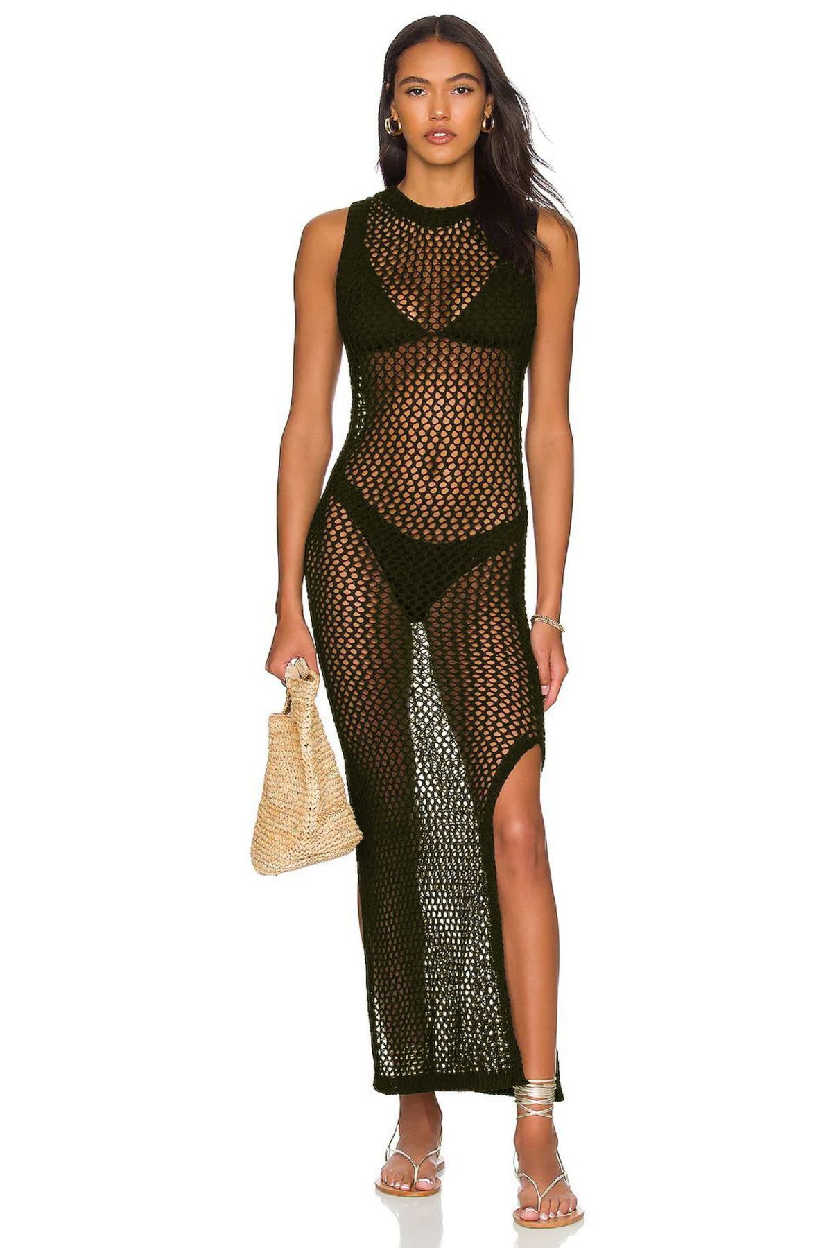 Women's Crew Neck Long Khaki Beach Dress with Rope Strap Sleeveless Slit Mesh Back Neckline