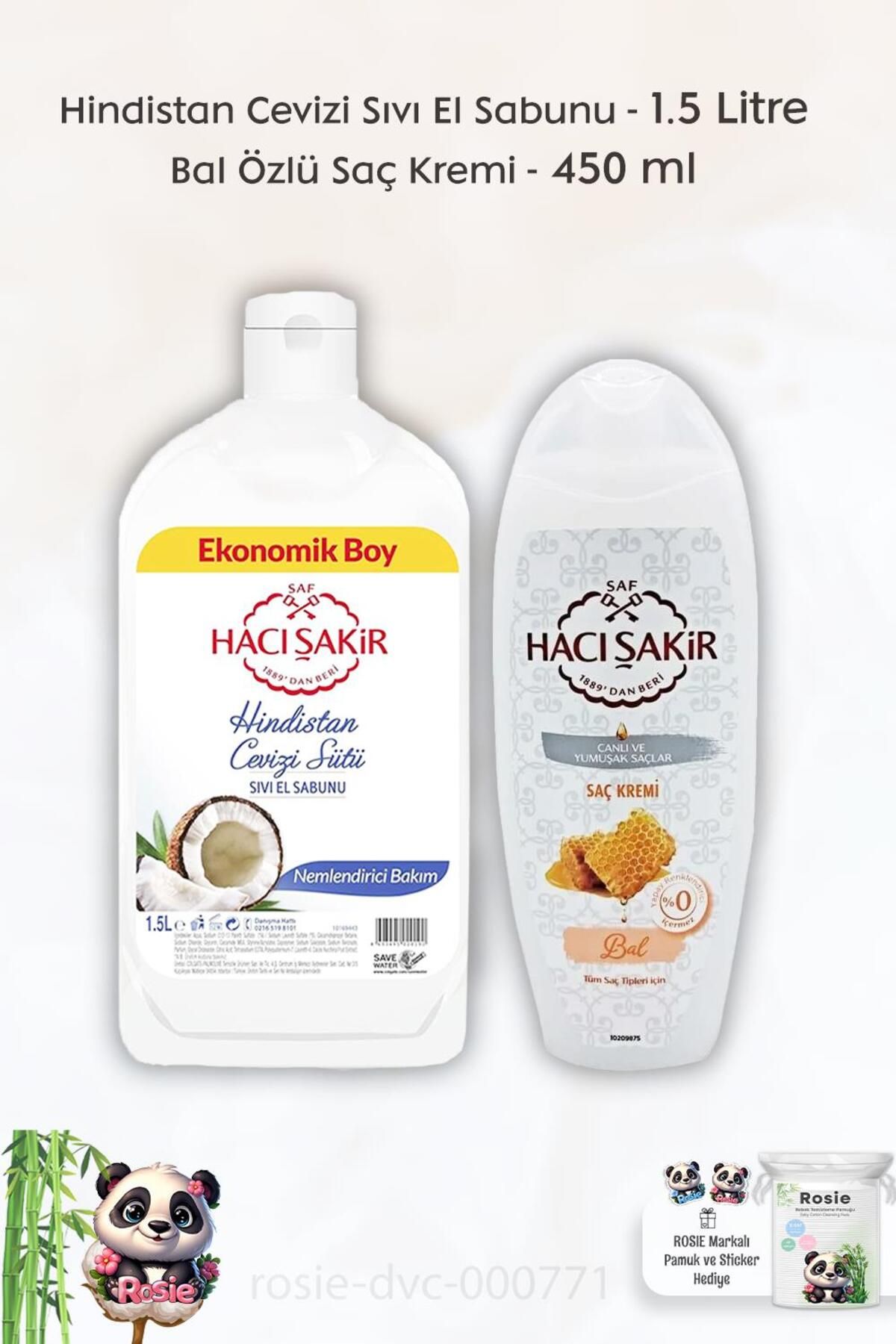 صابون دست مایع نارگیل 1500 میلی لیتر، نرم کننده عسل 450 میلی لیتر و رزی Hacı Şakir