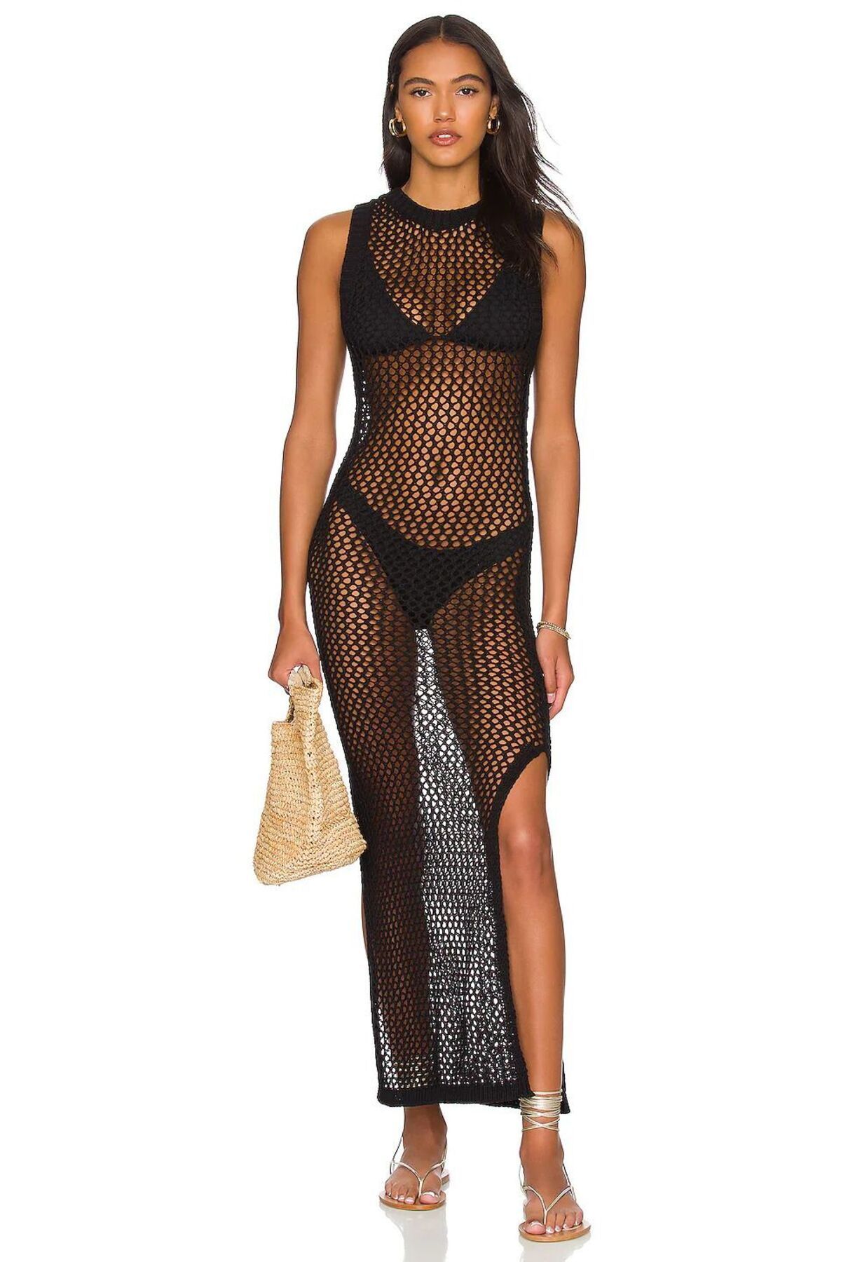 Women's Crew Neck Long Black Beach Dress with Rope Strap Sleeveless Slit Mesh Back Neckline