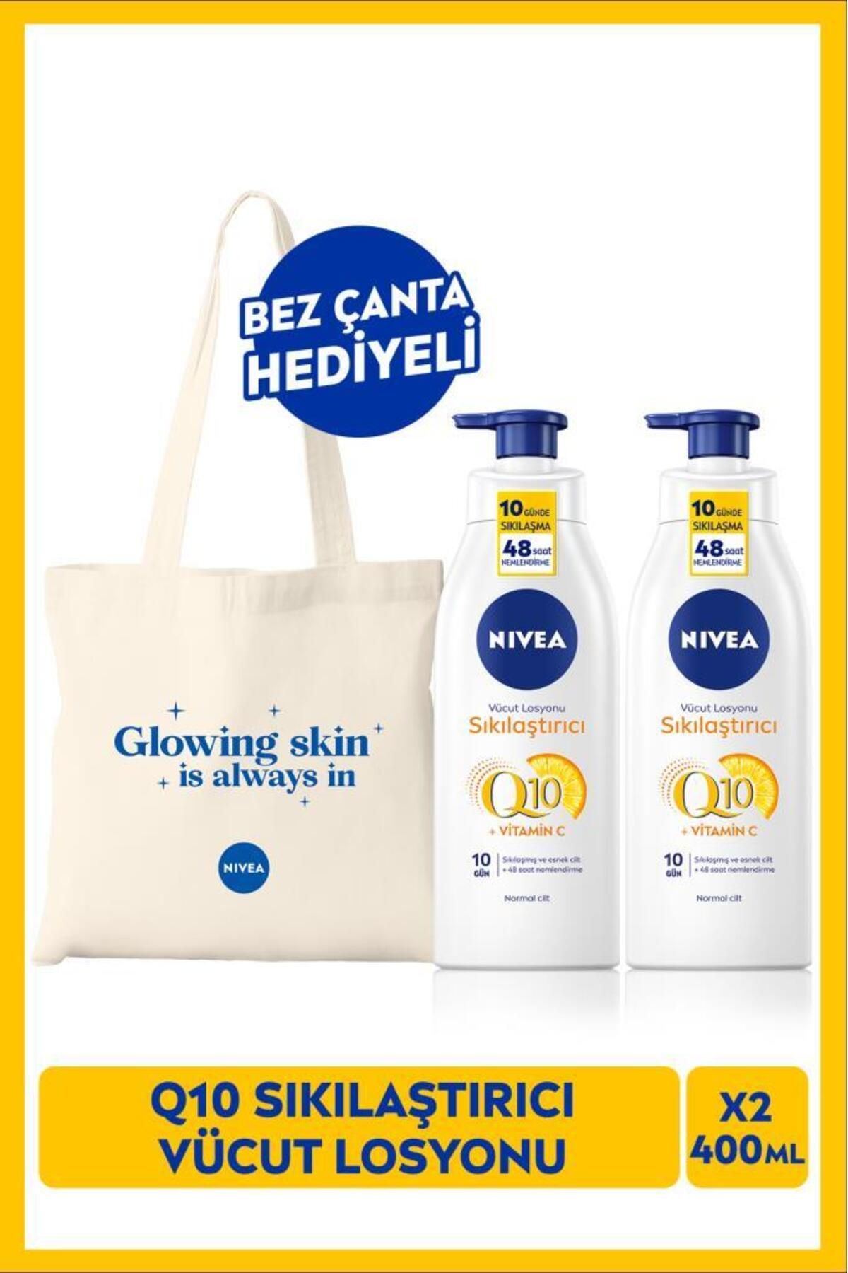 NIVEA Q10 Укрепляющий лосьон для тела, 400 мл, 2 шт., Укрепление за 10 дней, витамин С, подарочный тканевый набор.NVE.1040