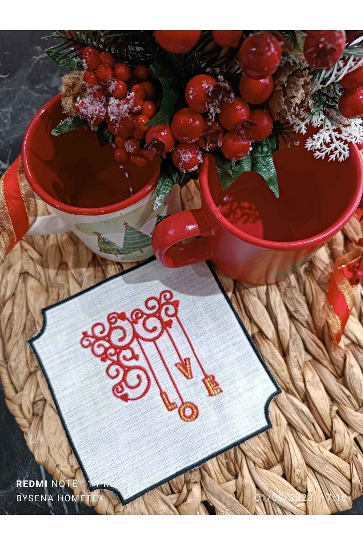 Love Kokteyl Ve Kahve Yanı Sunum Peçetesi 2 Adet Ekru Kumaşa Siyah Nakışlı