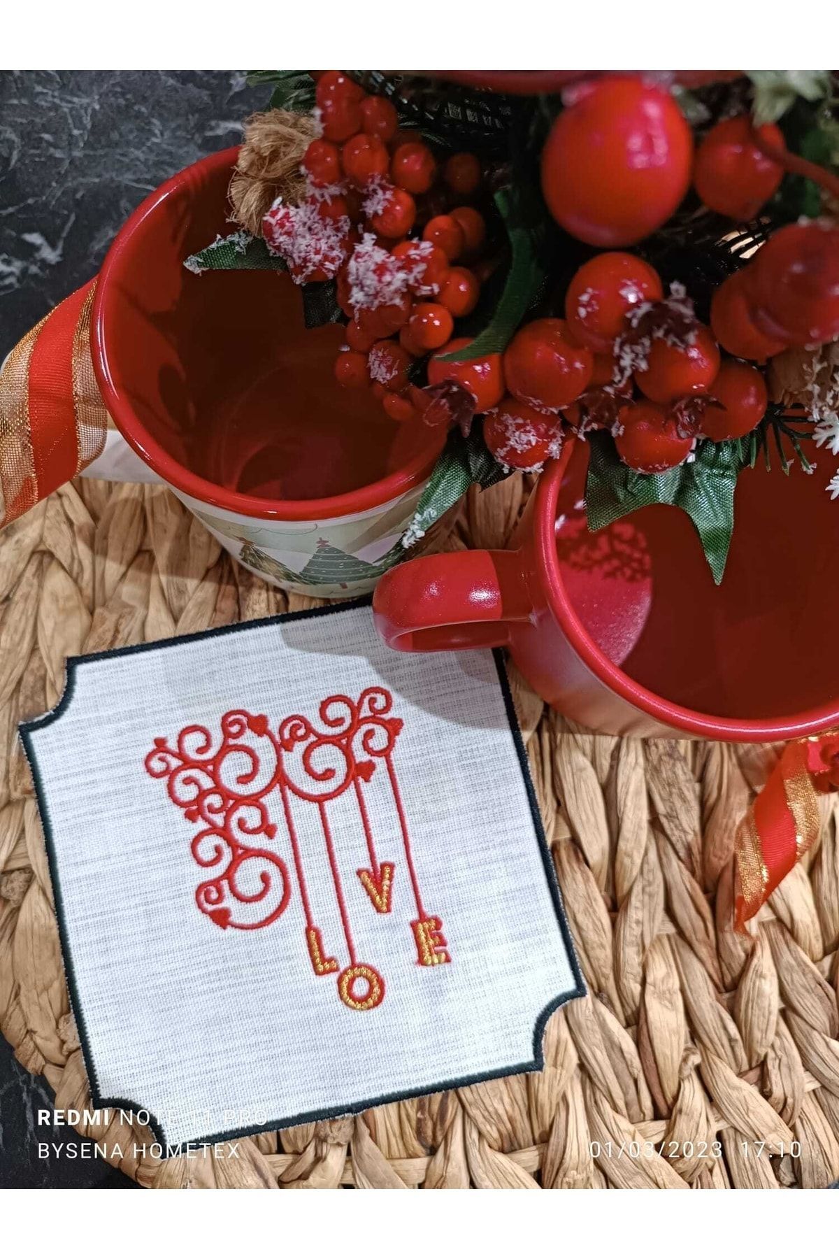 Love Kokteyl Ve Kahve Yanı Sunum Peçetesi 2 Adet Ekru Kumaşa Siyah Nakışlı