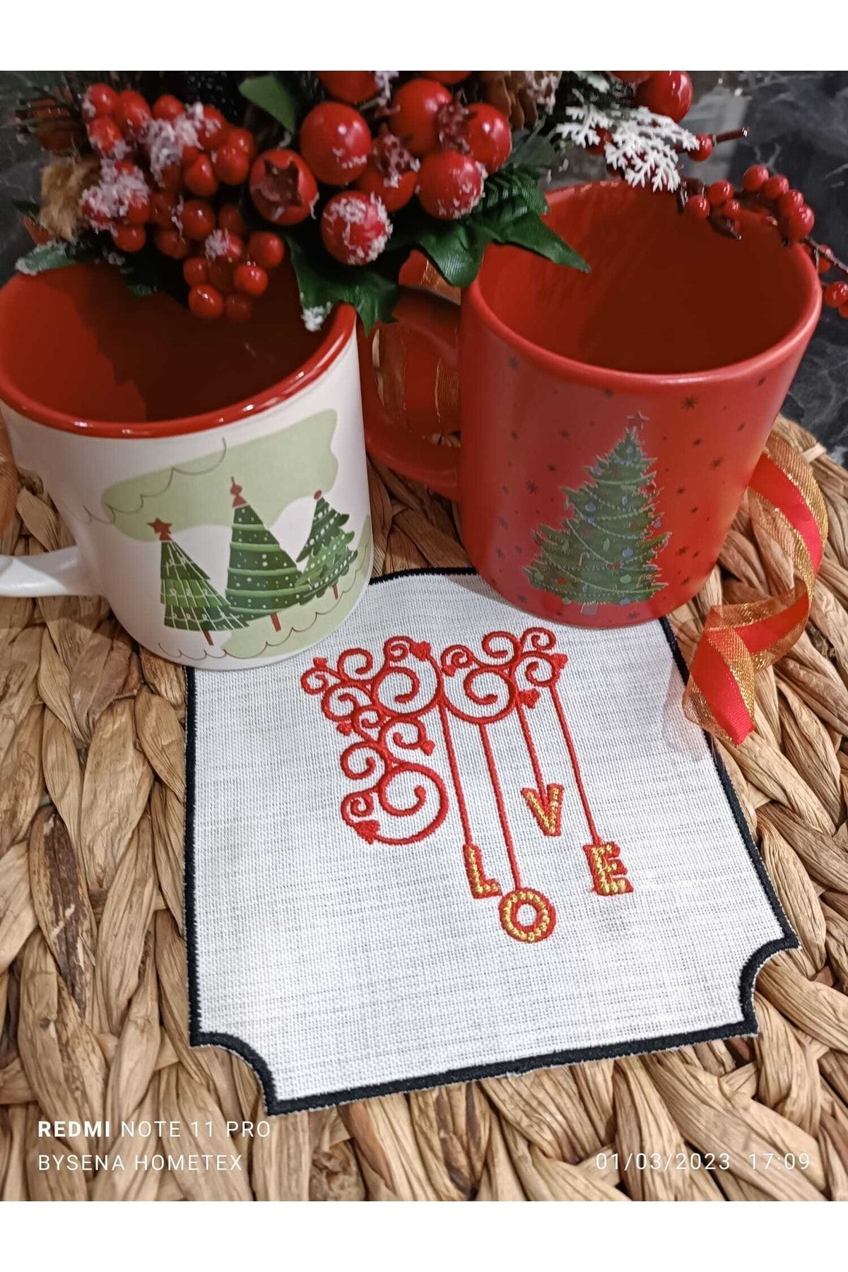 Love Kokteyl Ve Kahve Yanı Sunum Peçetesi 2 Adet Ekru Kumaşa Siyah Nakışlı