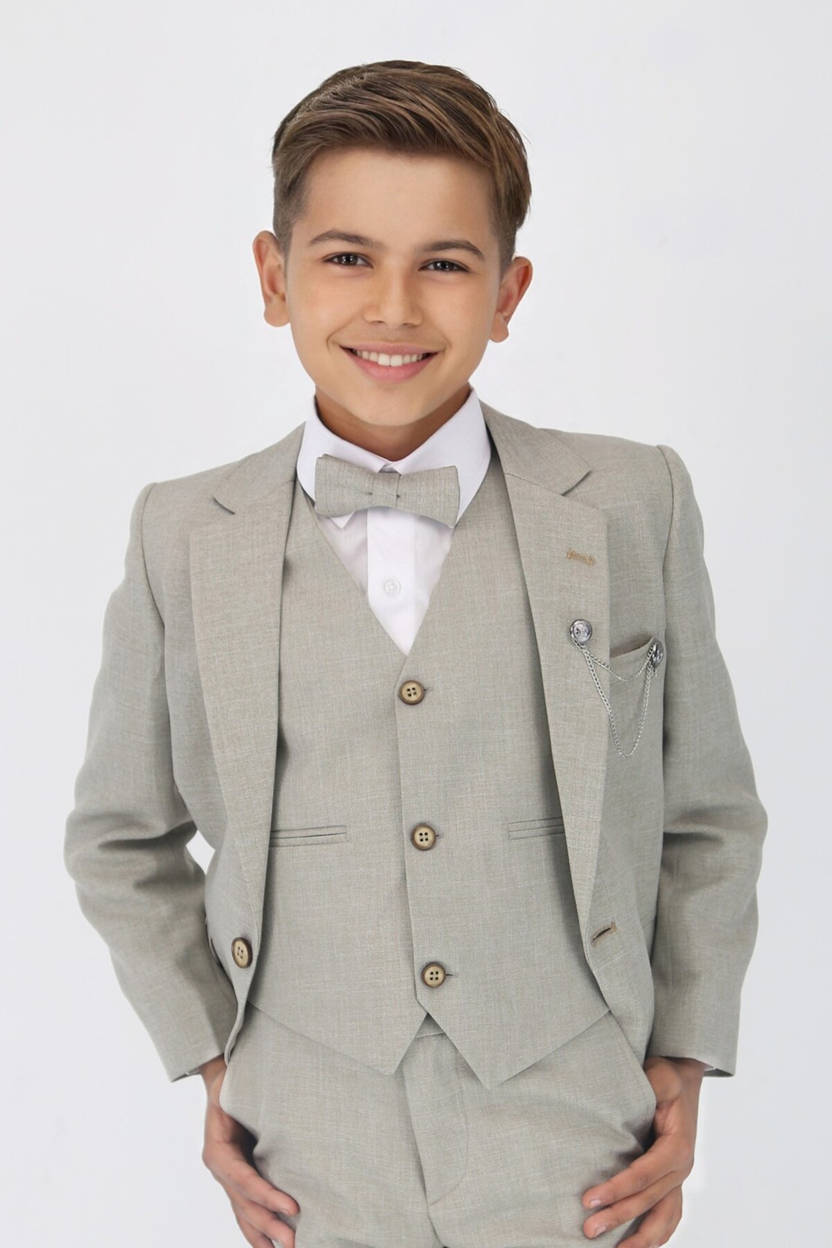  کت و شلوار 5 تکه پسرانه - خاکستری روشن، خاکستری تیره، بژ 7-10 سال