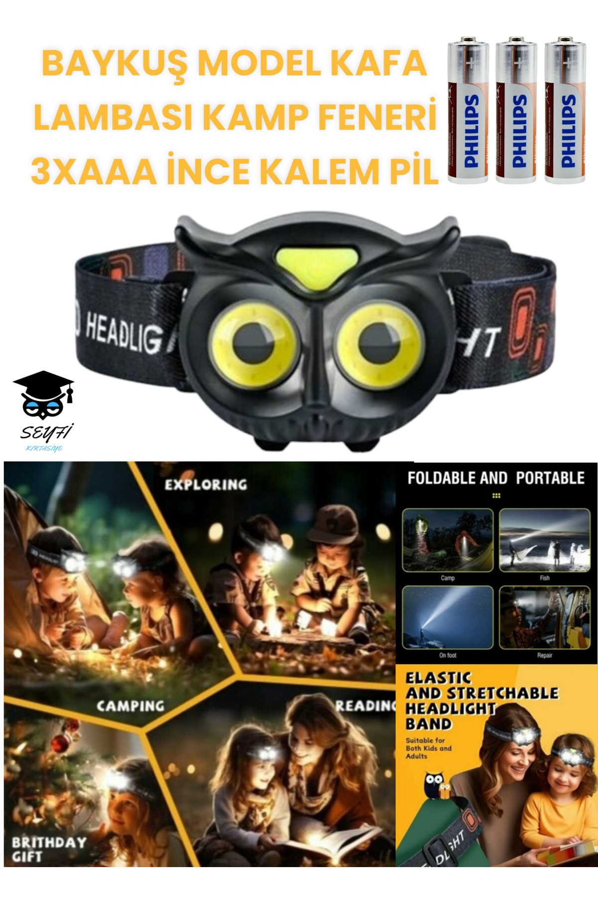 Yeşil Adım BAYKUŞ MODEL KAFA LAMBASI KAMP FENERİ 3XAAA İNCE KALEM PİL