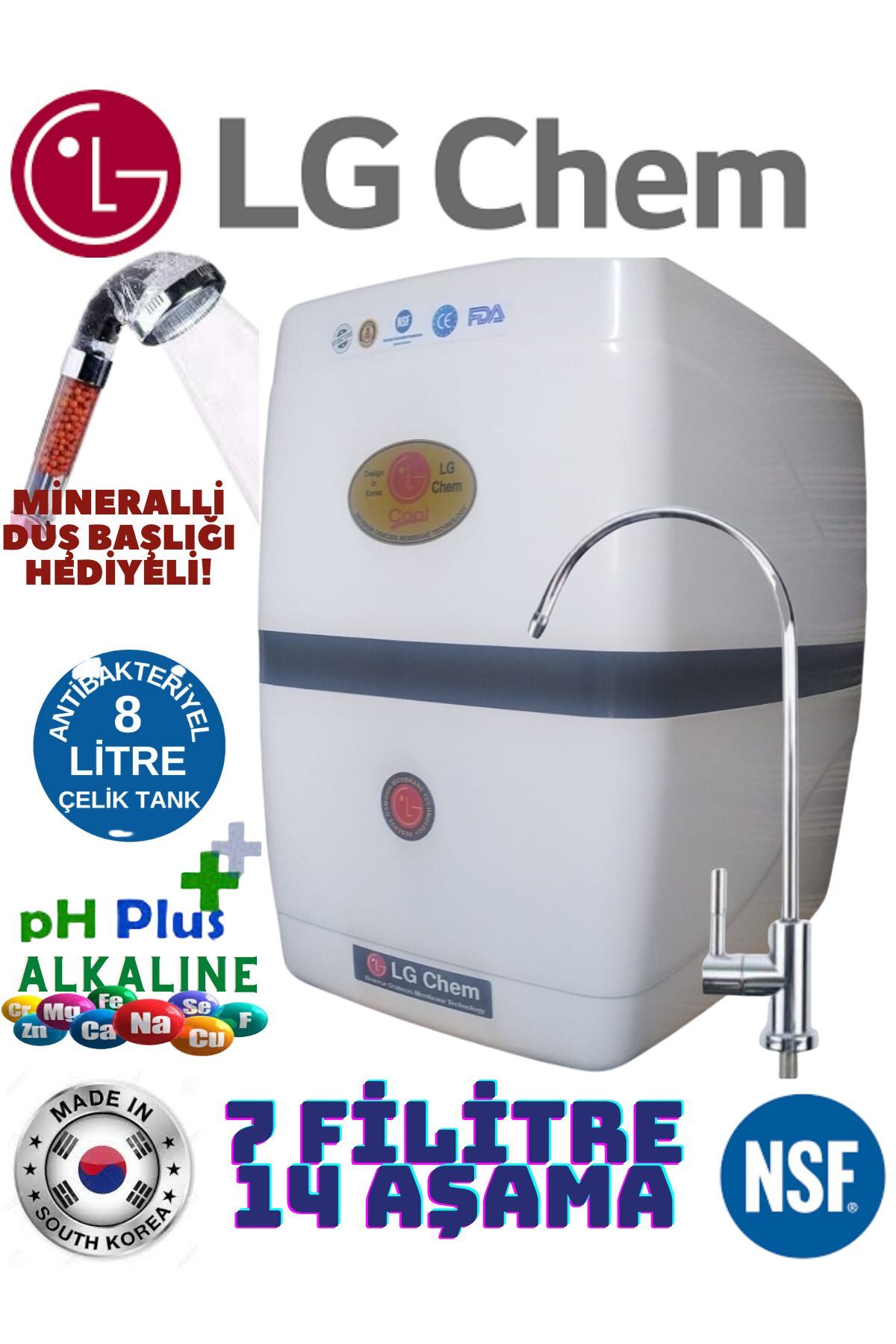 LG Chem Cool Beyaz Renk 14 Aşamalı 7 Filitreli 8 Litrelik Su Arıtma Cihazı Duş Başlığı Hediyeli
