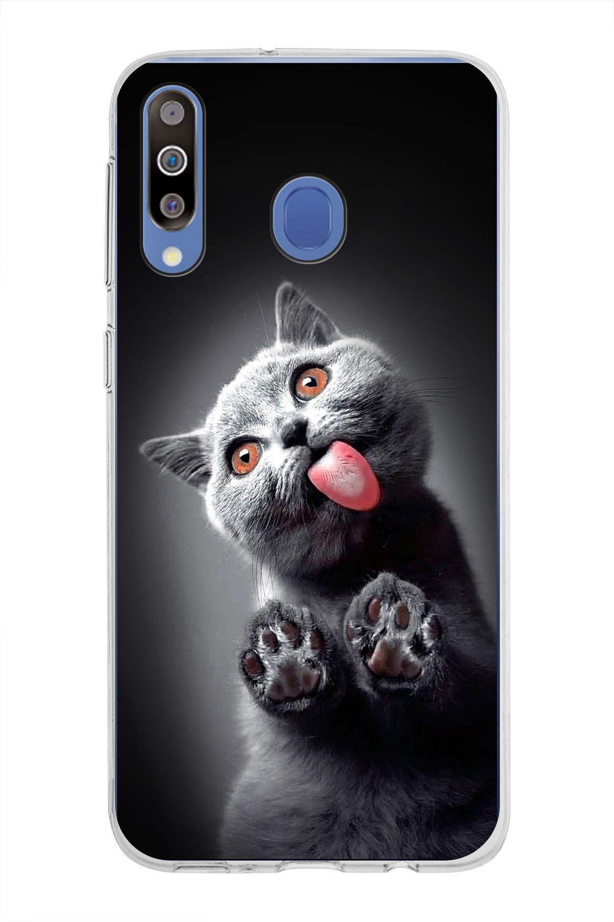 Samsung Galaxy M30 ile Uyumlu 1mm Slim Fit Kedi 2 050c Baskılı Şeffaf Kılıf