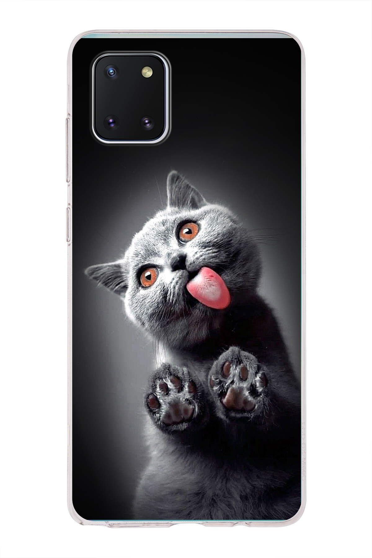 Samsung Galaxy A81 ile Uyumlu 1mm Slim Fit Kedi 2 050c Baskılı Şeffaf Kılıf
