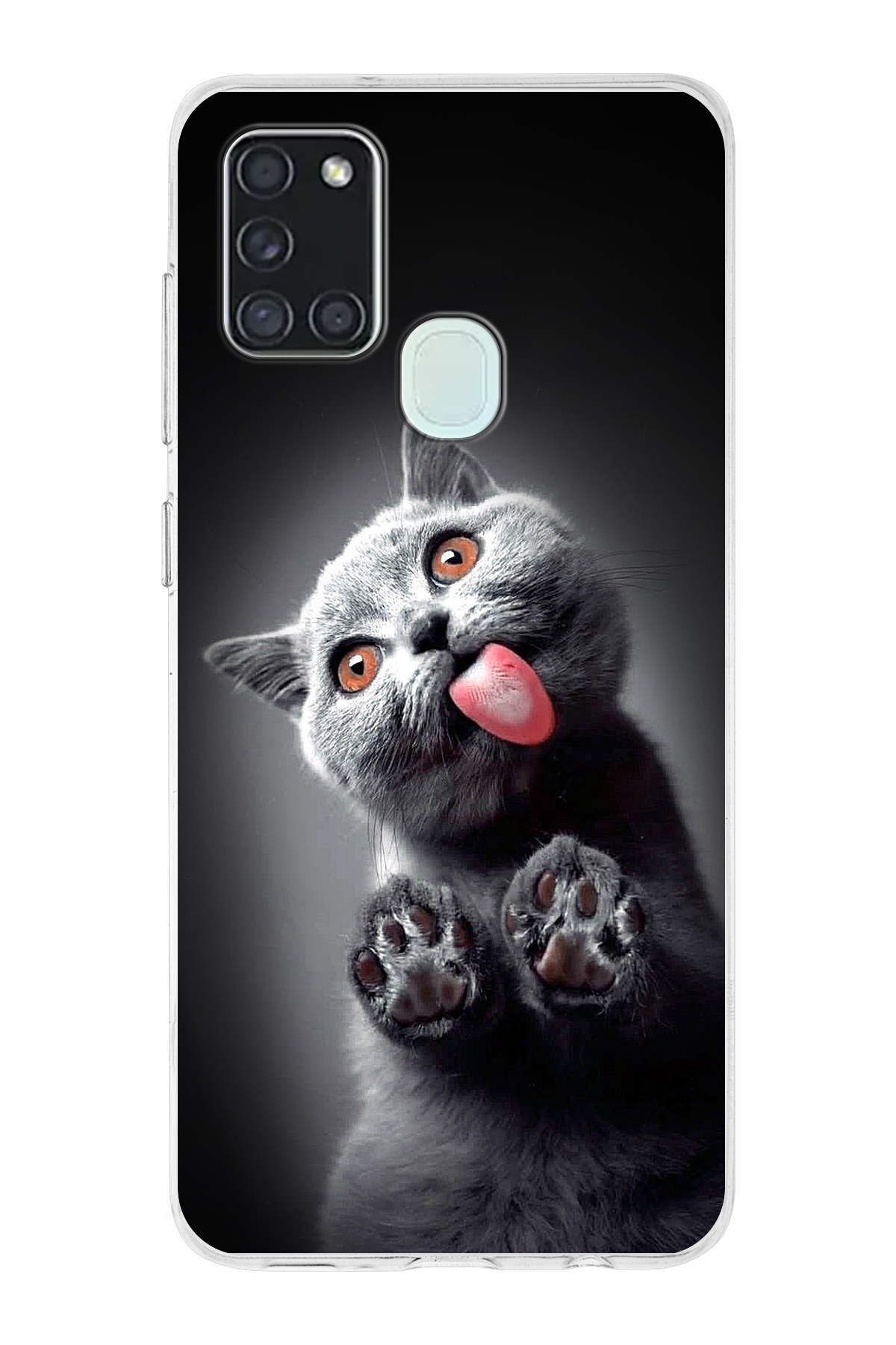 Samsung Galaxy A21s ile Uyumlu 1mm Slim Fit Kedi 2 050c Baskılı Şeffaf Kılıf