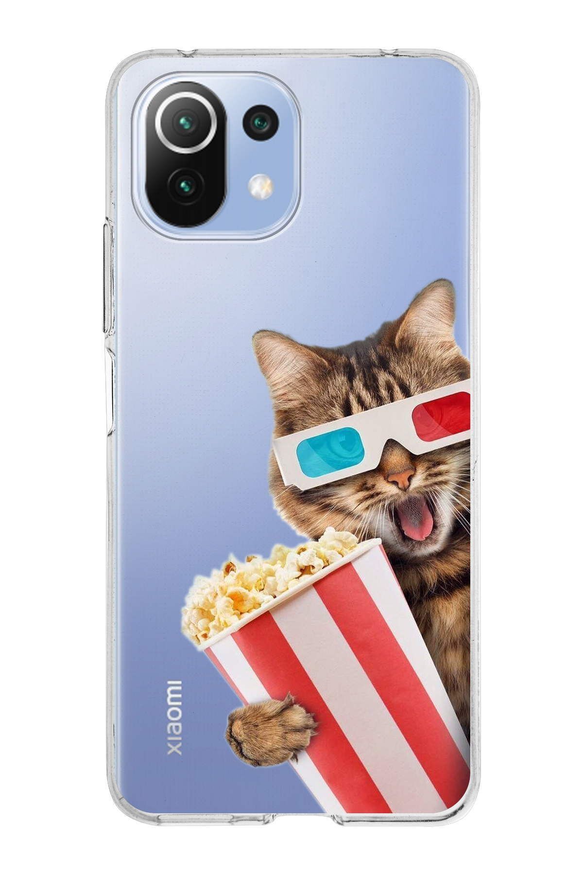 Xiaomi Mi 11 Lite ile Uyumlu 1mm Slim Fit Kedi 1 050b Baskılı Şeffaf Kılıf