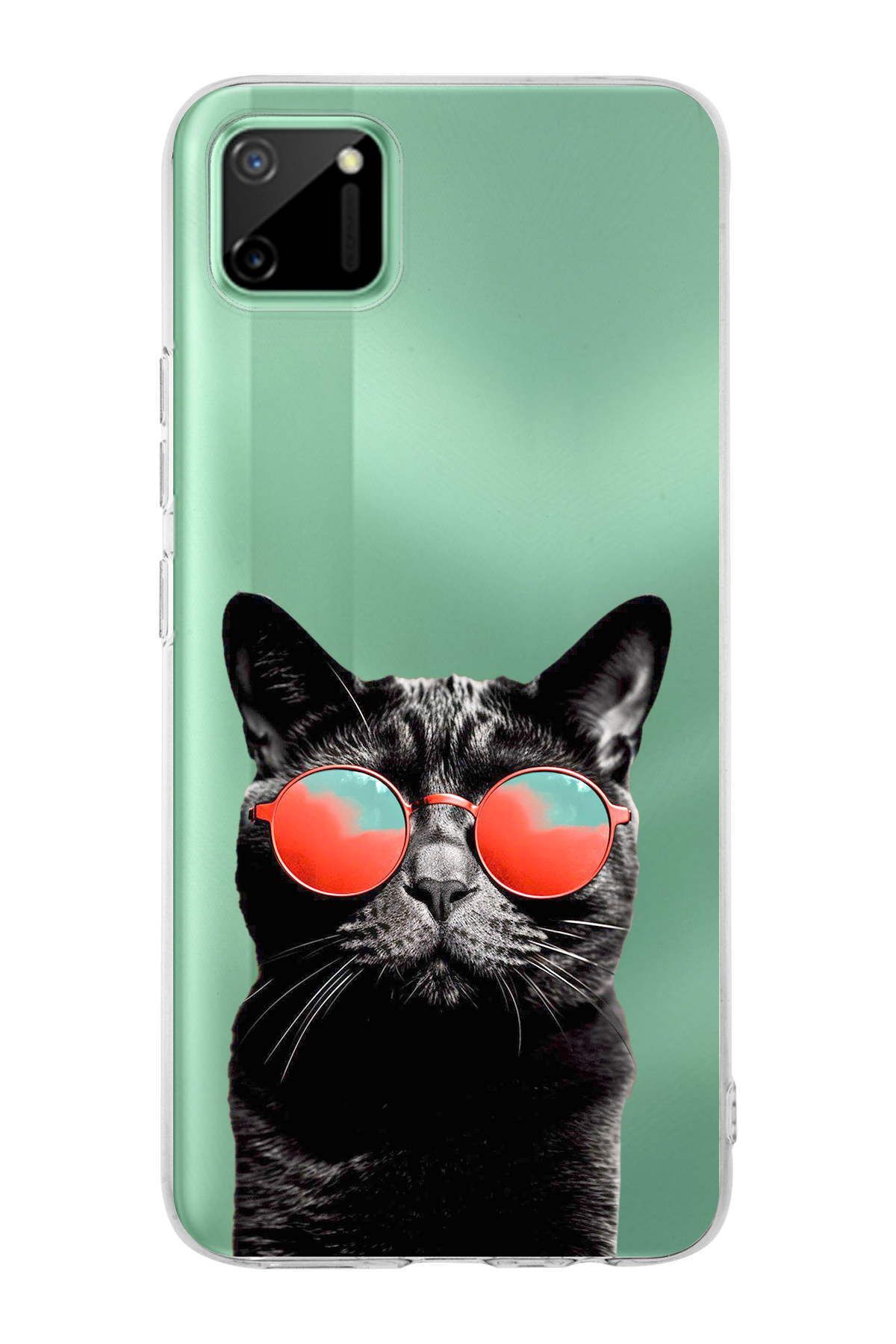Realme C11 ile Uyumlu 1mm Slim Fit Kedi 3 050d Baskılı Şeffaf Kılıf