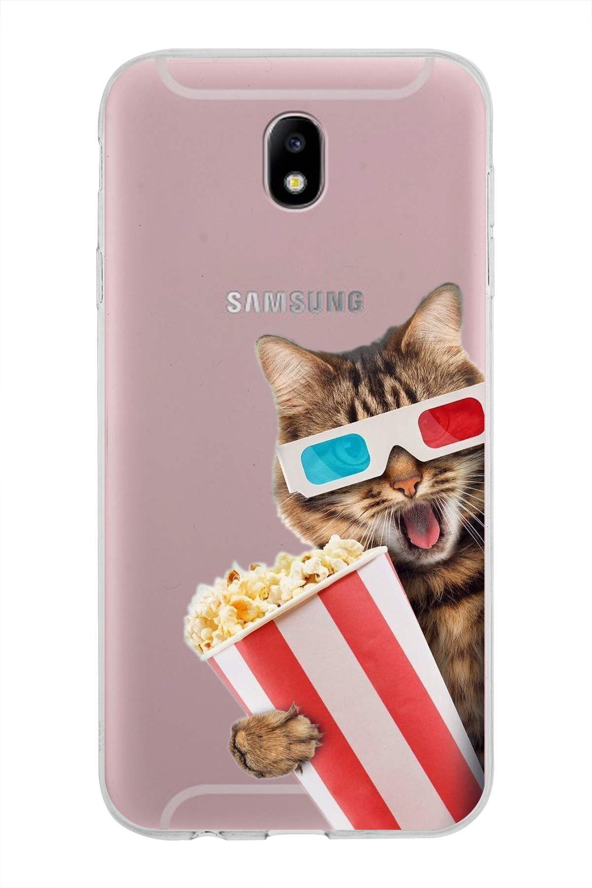 Samsung Galaxy J7 Pro ile Uyumlu 1mm Slim Fit Kedi 1 050b Baskılı Şeffaf Kılıf