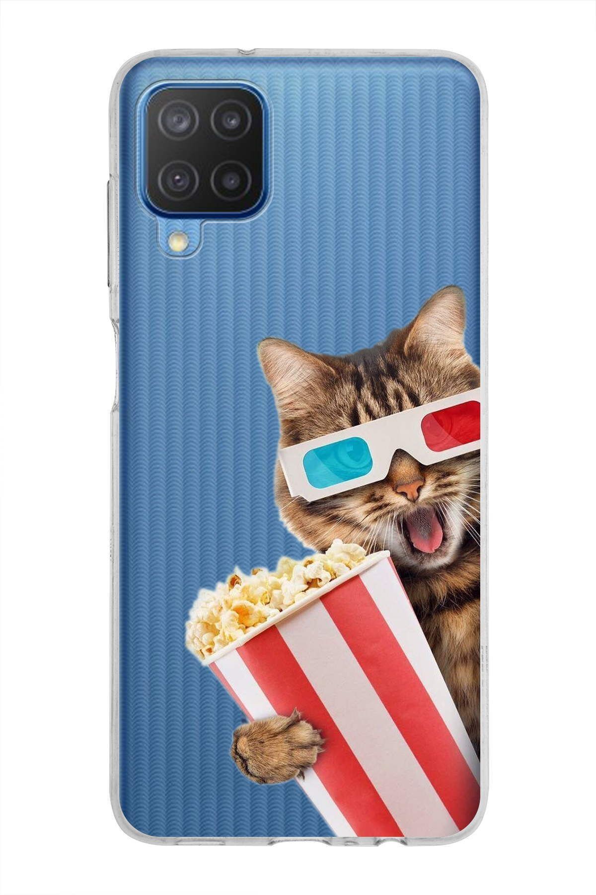 Samsung Galaxy M12 ile Uyumlu 1mm Slim Fit Kedi 1 050b Baskılı Şeffaf Kılıf