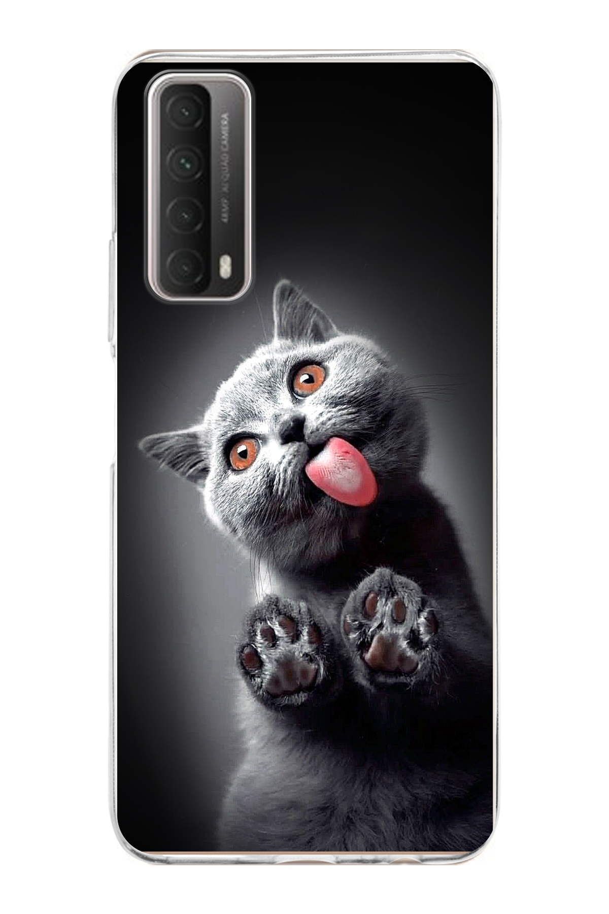 Huawei P Smart 2021 ile Uyumlu 1mm Slim Fit Kedi 2 050c Baskılı Şeffaf Kılıf