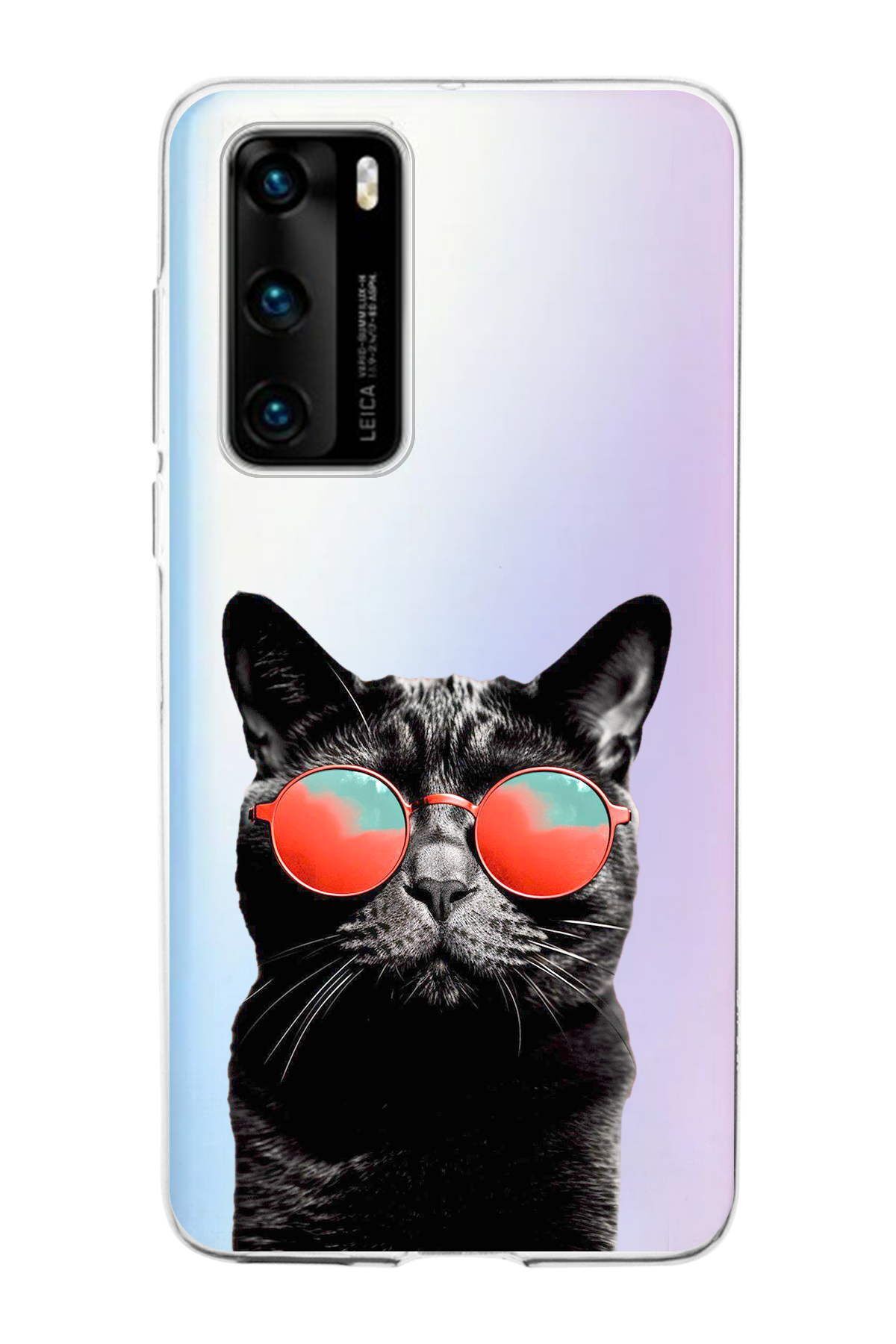 Huawei P40 ile Uyumlu 1mm Slim Fit Kedi 3 050d Baskılı Şeffaf Kılıf