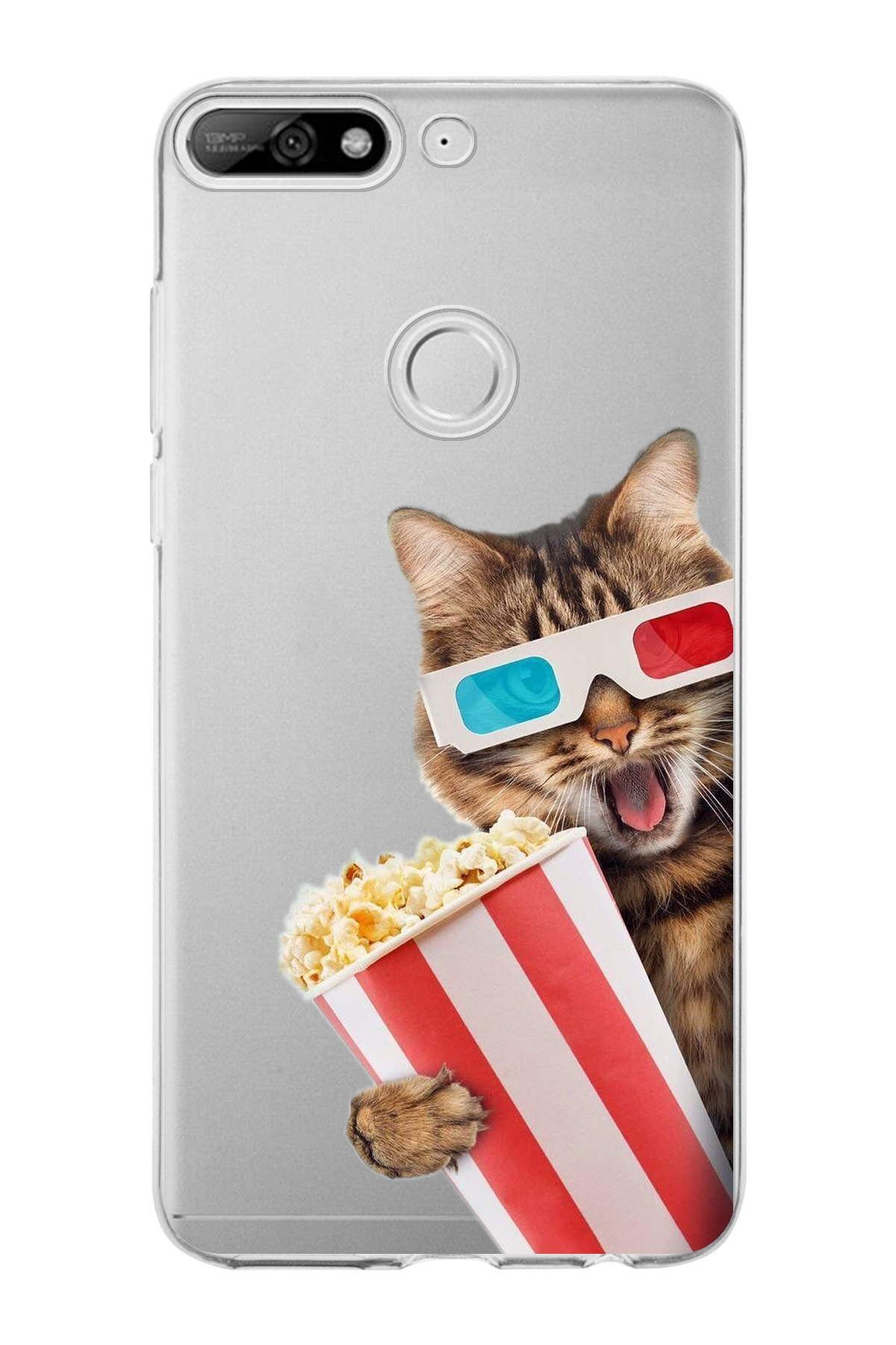 Huawei Y7 2018 ile Uyumlu 1mm Slim Fit Kedi 1 050b Baskılı Şeffaf Kılıf