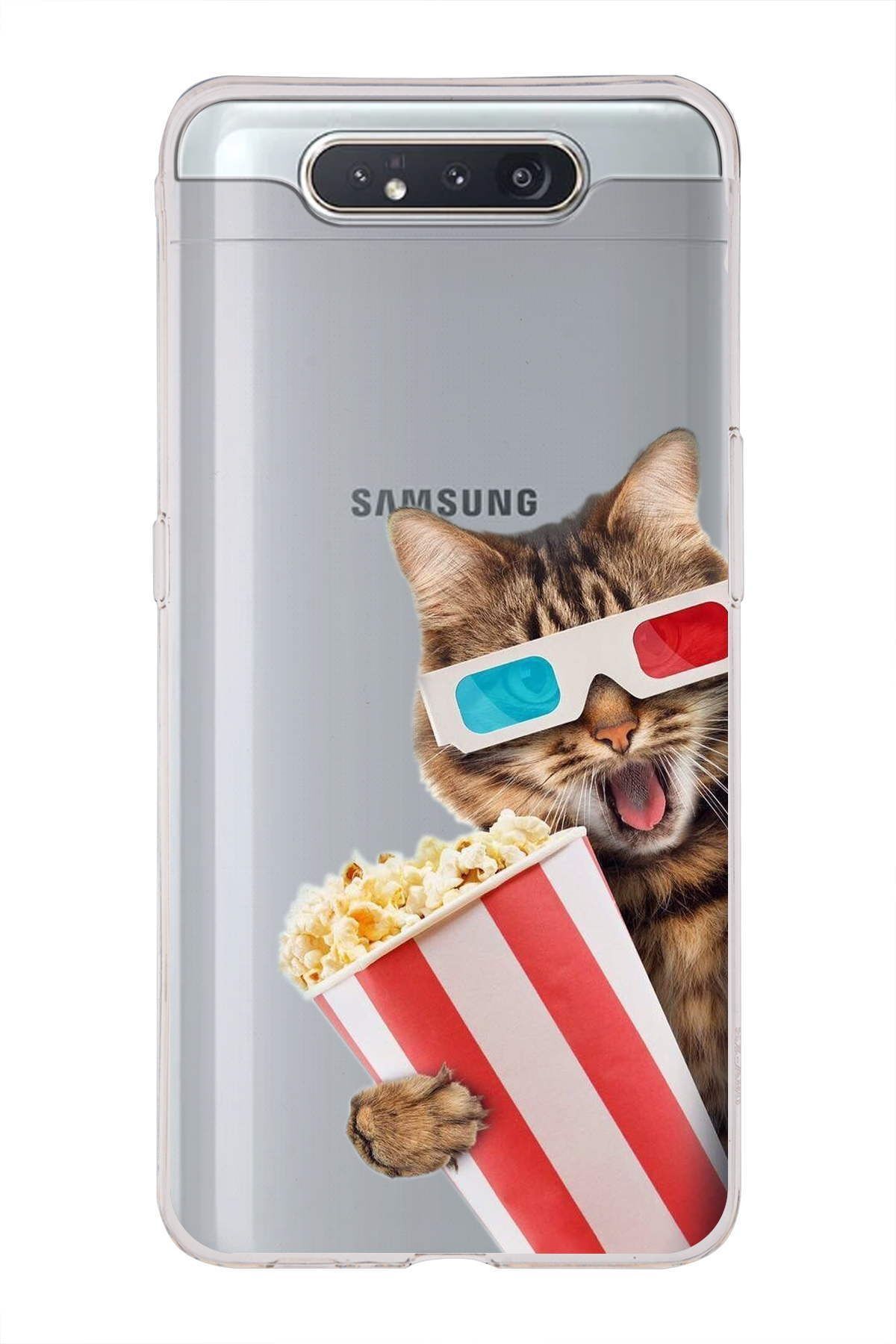 Samsung Galaxy A80 ile Uyumlu 1mm Slim Fit Kedi 1 050b Baskılı Şeffaf Kılıf