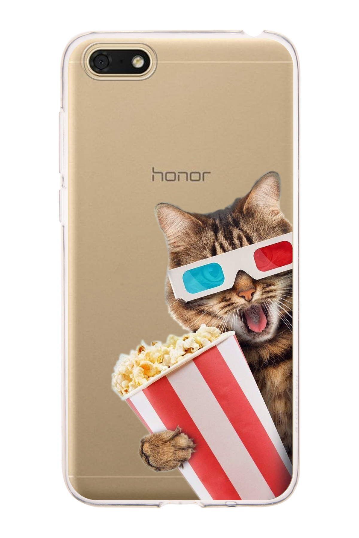 Huawei Honor 7S ile Uyumlu 1mm Slim Fit Kedi 1 050b Baskılı Şeffaf Kılıf