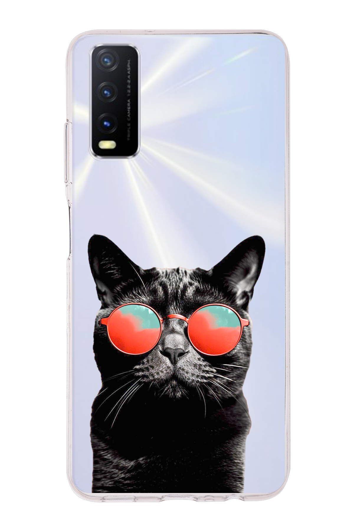Vivo Y20 ile Uyumlu 1mm Slim Fit Kedi 3 050d Baskılı Şeffaf Kılıf