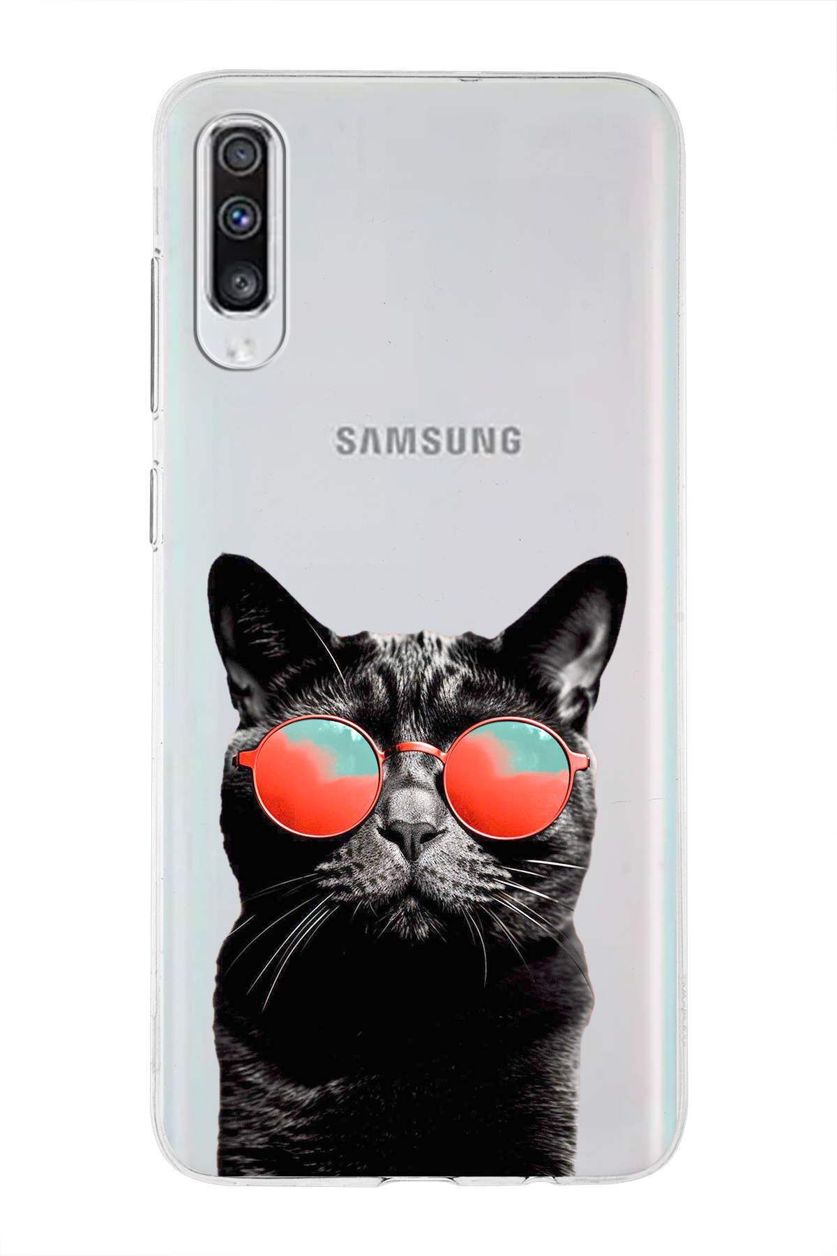 Samsung Galaxy A70 ile Uyumlu 1mm Slim Fit Kedi 3 050d Baskılı Şeffaf Kılıf