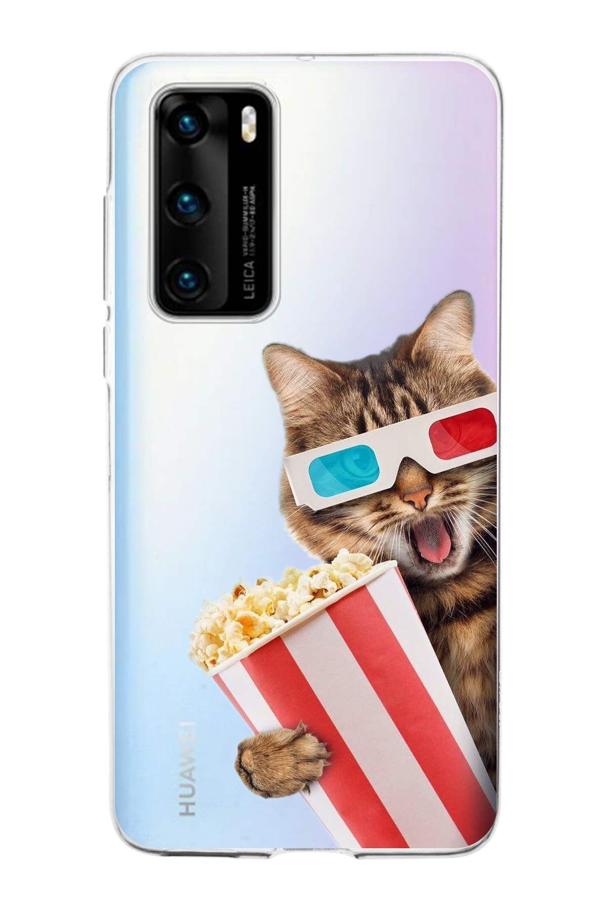 Huawei P40 ile Uyumlu 1mm Slim Fit Kedi 1 050b Baskılı Şeffaf Kılıf
