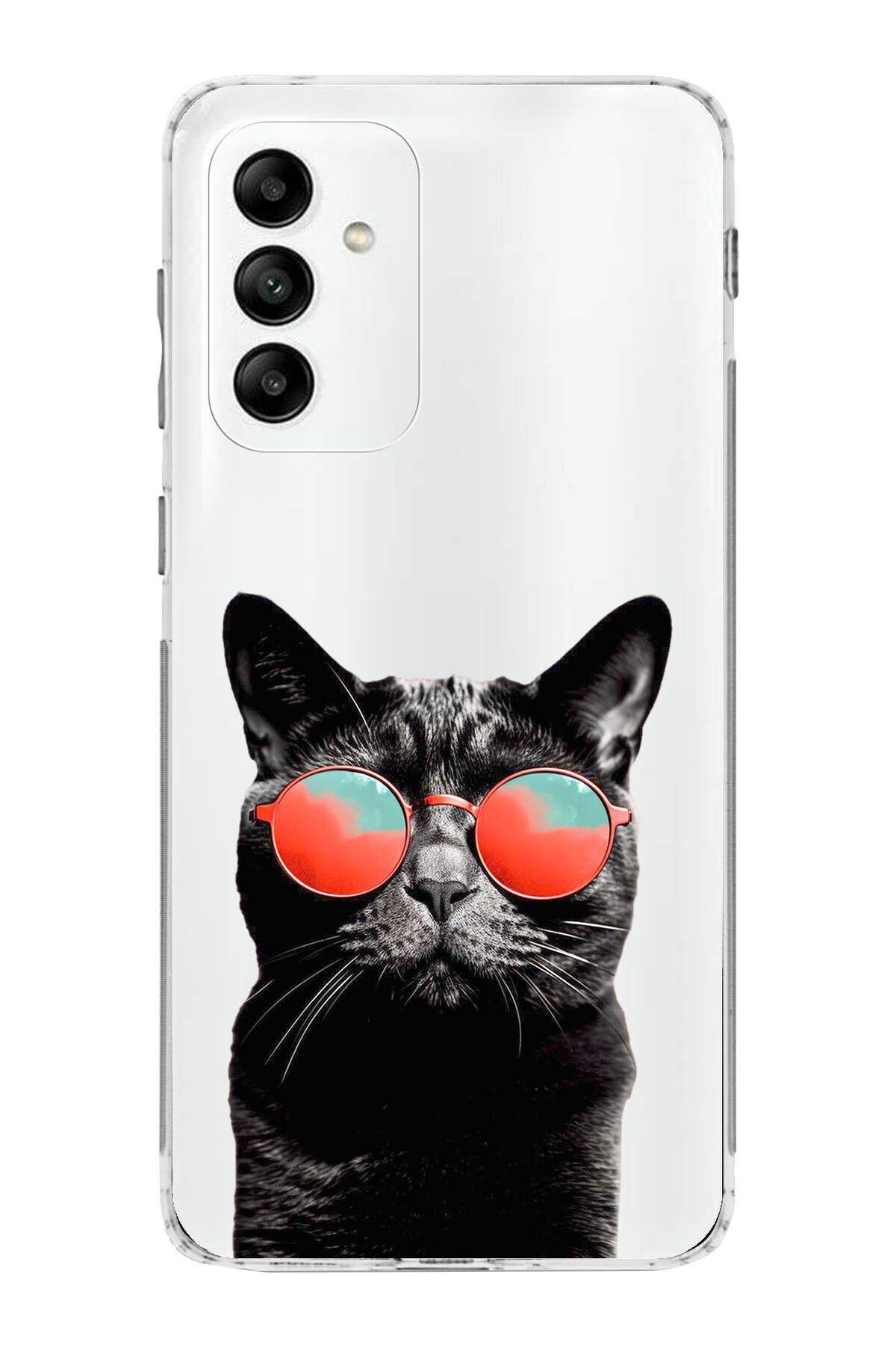 Samsung Galaxy M13 ile Uyumlu 1mm Slim Fit Kedi 3 050d Baskılı Şeffaf Kılıf