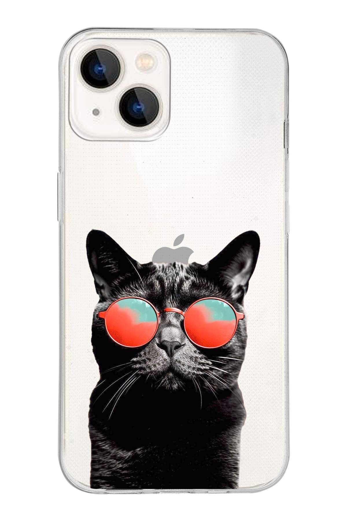 PrintiFy Apple iPhone 13 Mini ile Uyumlu 1mm Slim Fit Kedi 3 050d Baskılı Şeffaf Kılıf