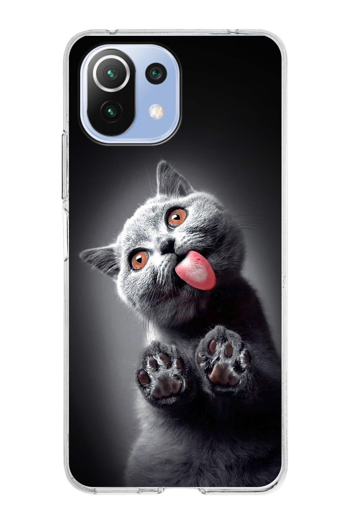 Xiaomi Mi 11 Lite ile Uyumlu 1mm Slim Fit Kedi 2 050c Baskılı Şeffaf Kılıf