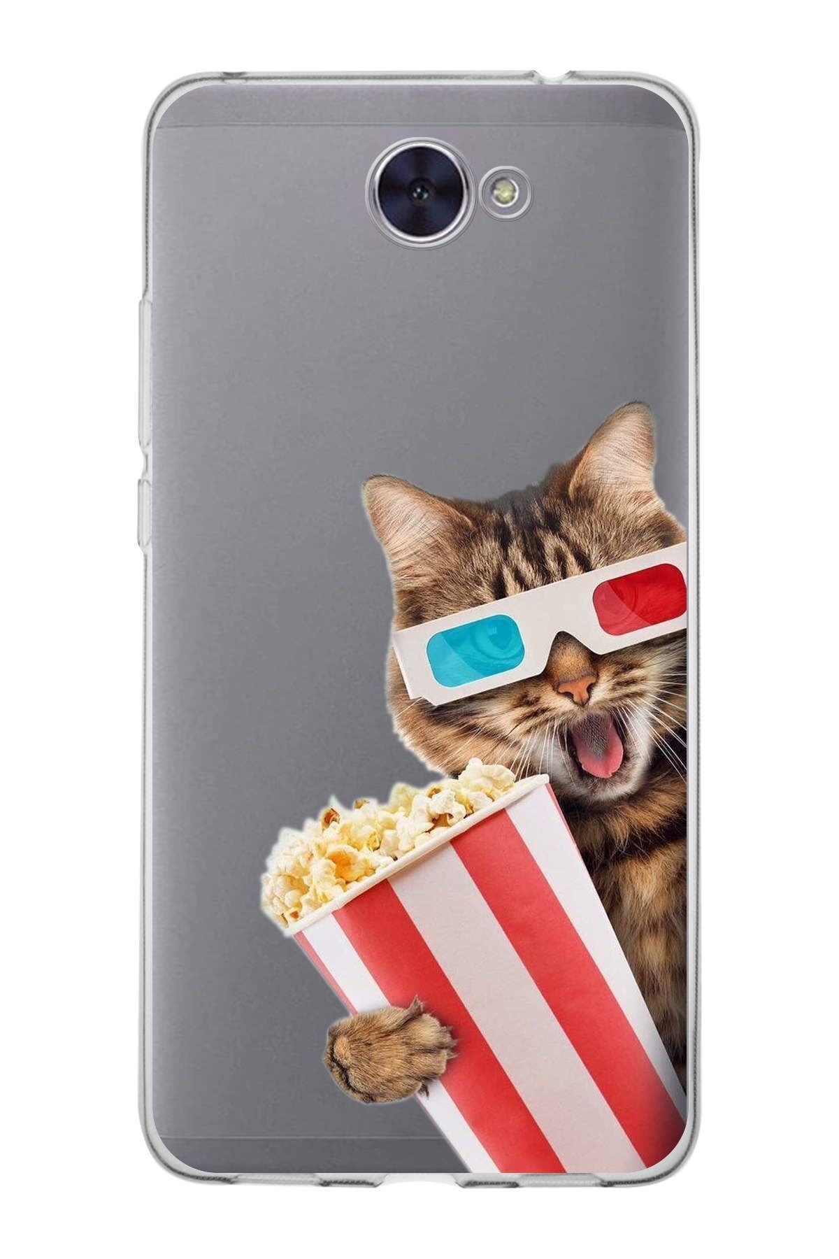 Huawei Y7 2017 ile Uyumlu 1mm Slim Fit Kedi 1 050b Baskılı Şeffaf Kılıf
