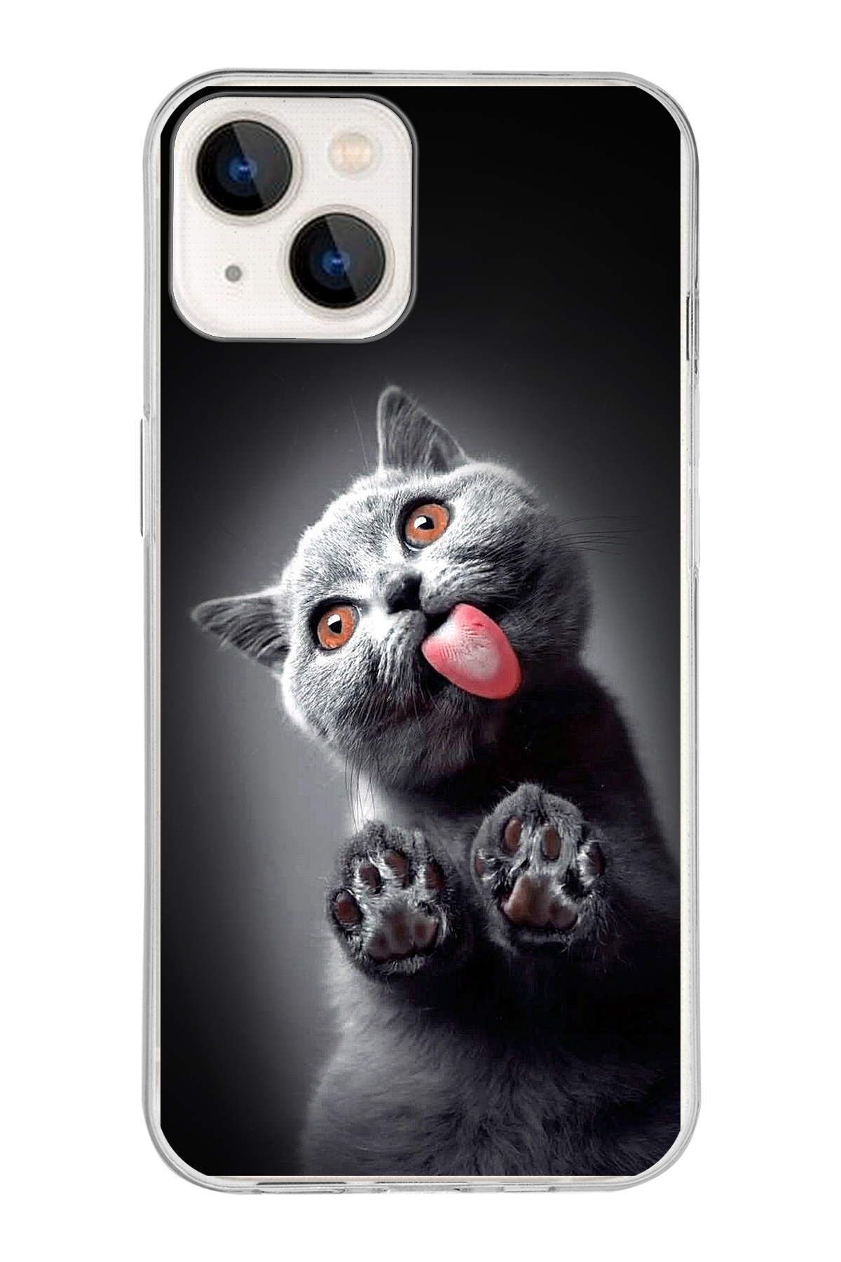PrintiFy Apple iPhone 13 ile Uyumlu 1mm Slim Fit Kedi 2 050c Baskılı Şeffaf Kılıf
