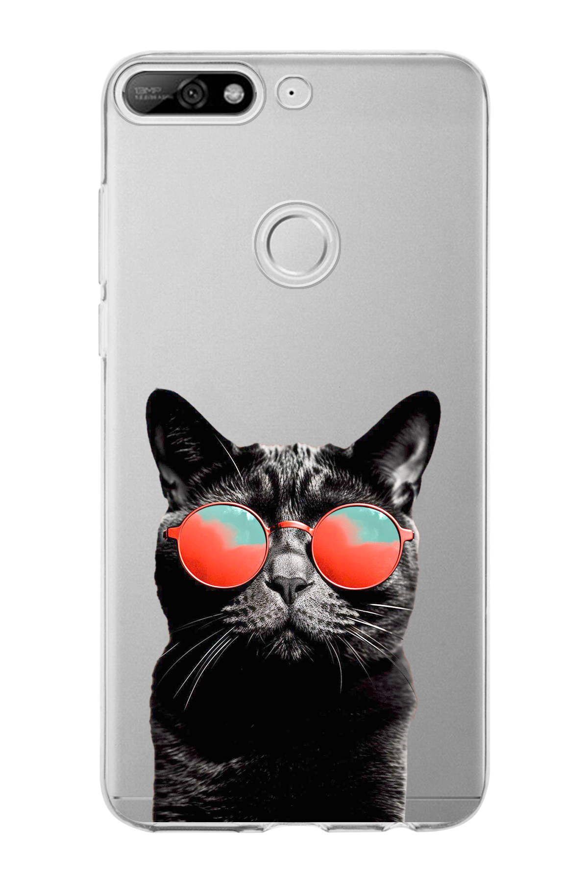 Huawei Y7 2018 ile Uyumlu 1mm Slim Fit Kedi 3 050d Baskılı Şeffaf Kılıf