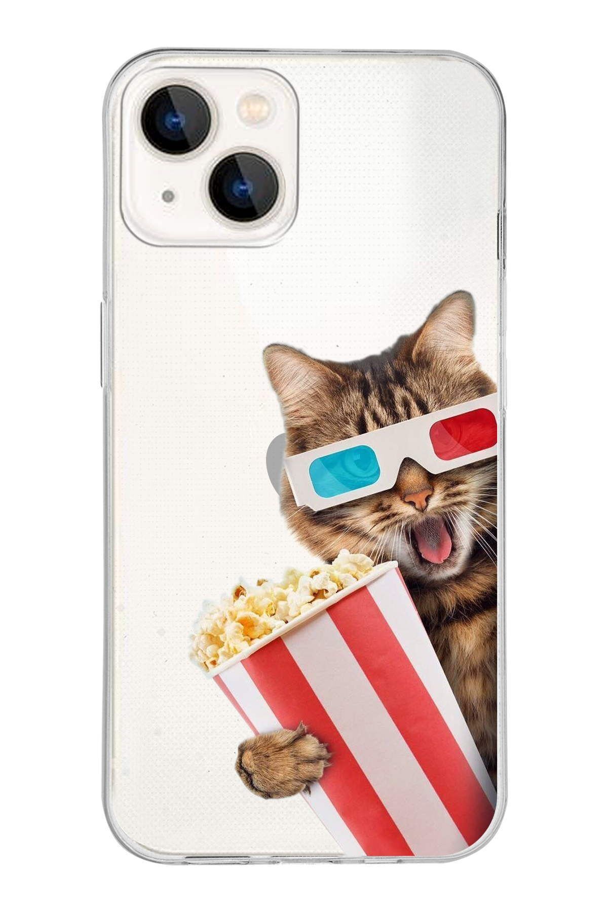 PrintiFy Apple iPhone 13 Mini ile Uyumlu 1mm Slim Fit Kedi 1 050b Baskılı Şeffaf Kılıf