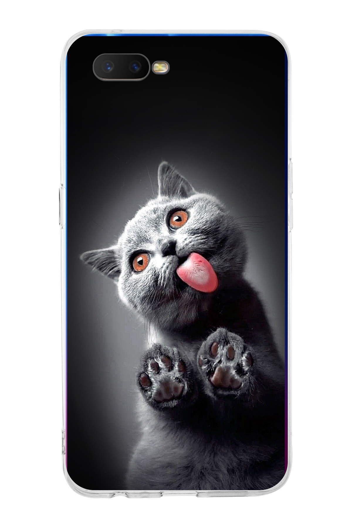 Oppo RX17 Neo ile Uyumlu 1mm Slim Fit Kedi 2 050c Baskılı Şeffaf Kılıf