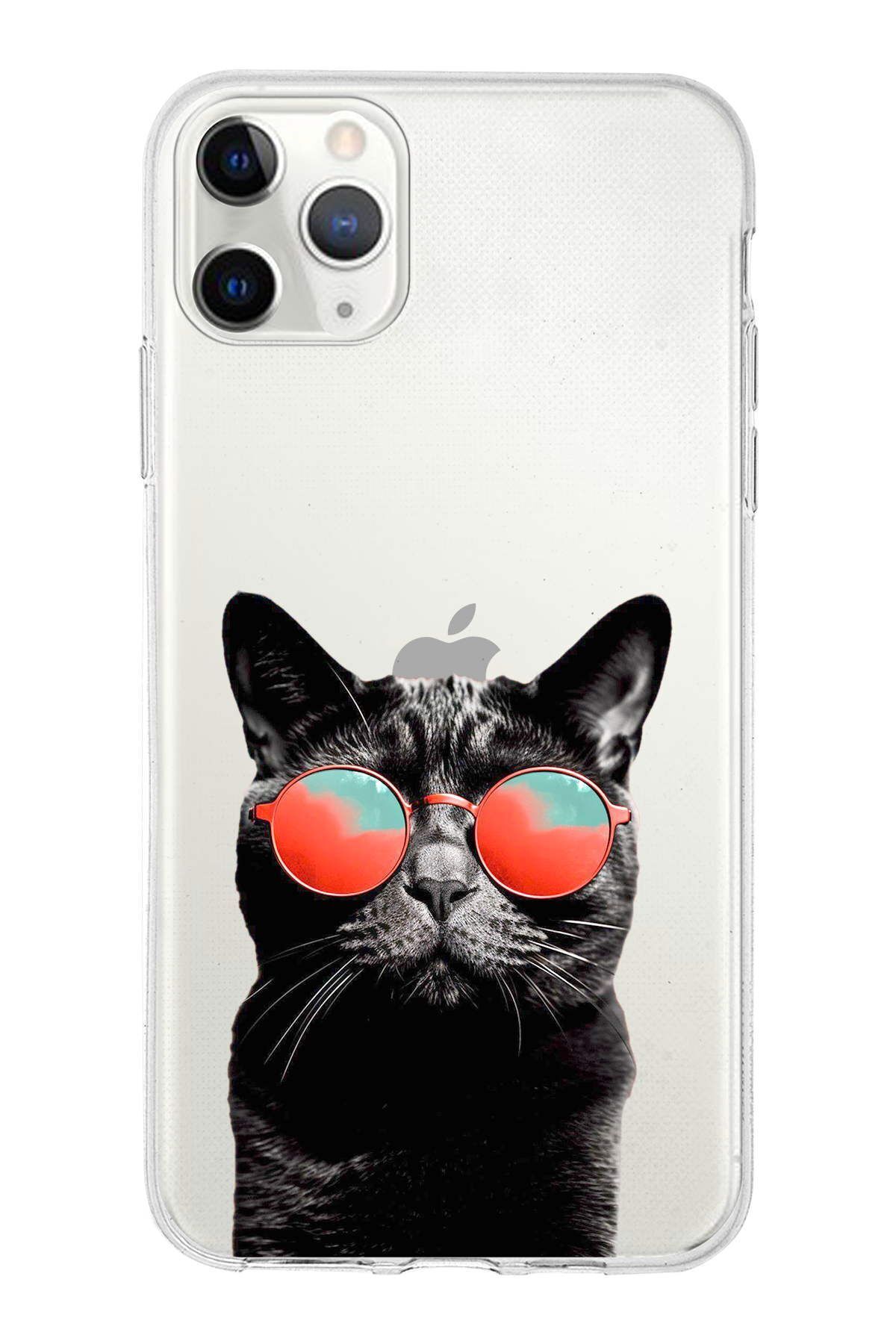 PrintiFy Apple iPhone 11 Pro Max ile Uyumlu 1mm Slim Fit Kedi 3 050d Baskılı Şeffaf Kılıf